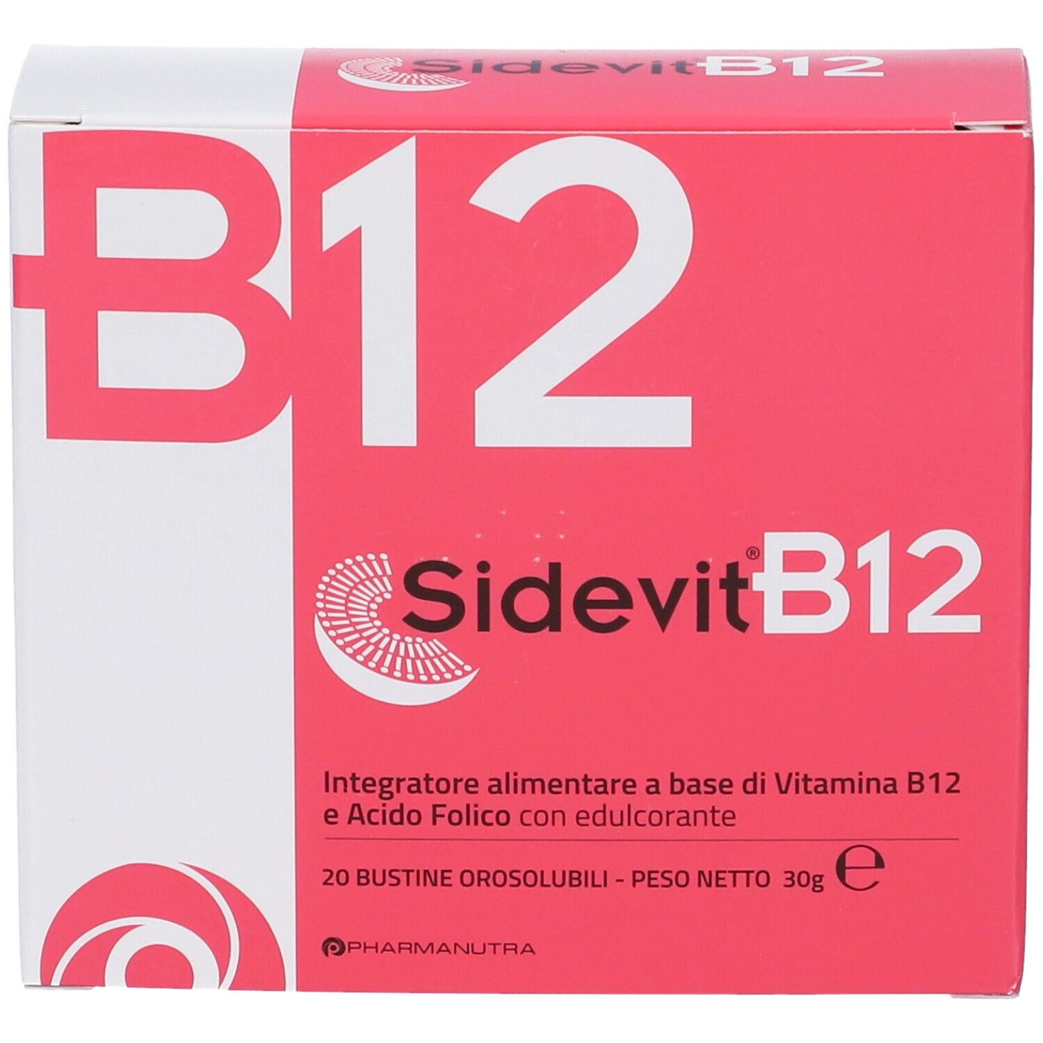 Rote Schachtel mit weißer Aufschrift B12 und Sidevit B12. Enthält 20 Beutel. Marke: Pharmanutra.
