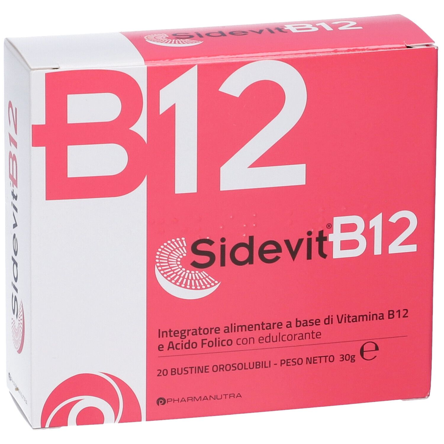 Rote Schachtel mit weißer Aufschrift B12 und Sidevit B12. Enthält 20 Beutel. Marke: Pharmanutra.