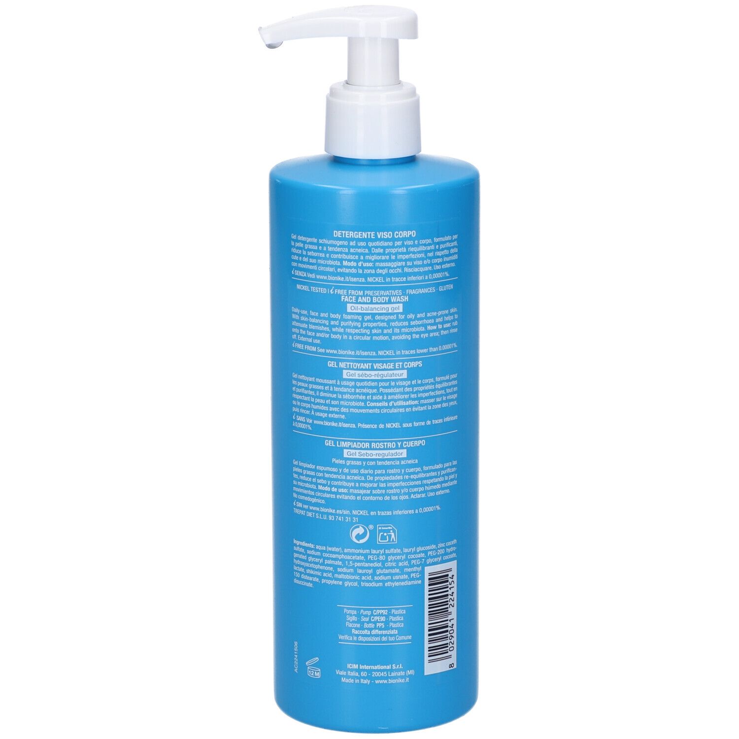 Blaue Pumpflasche mit Gesichts- und Körperreiniger. Enthält mehrsprachige Produktinformationen und einen Barcode.