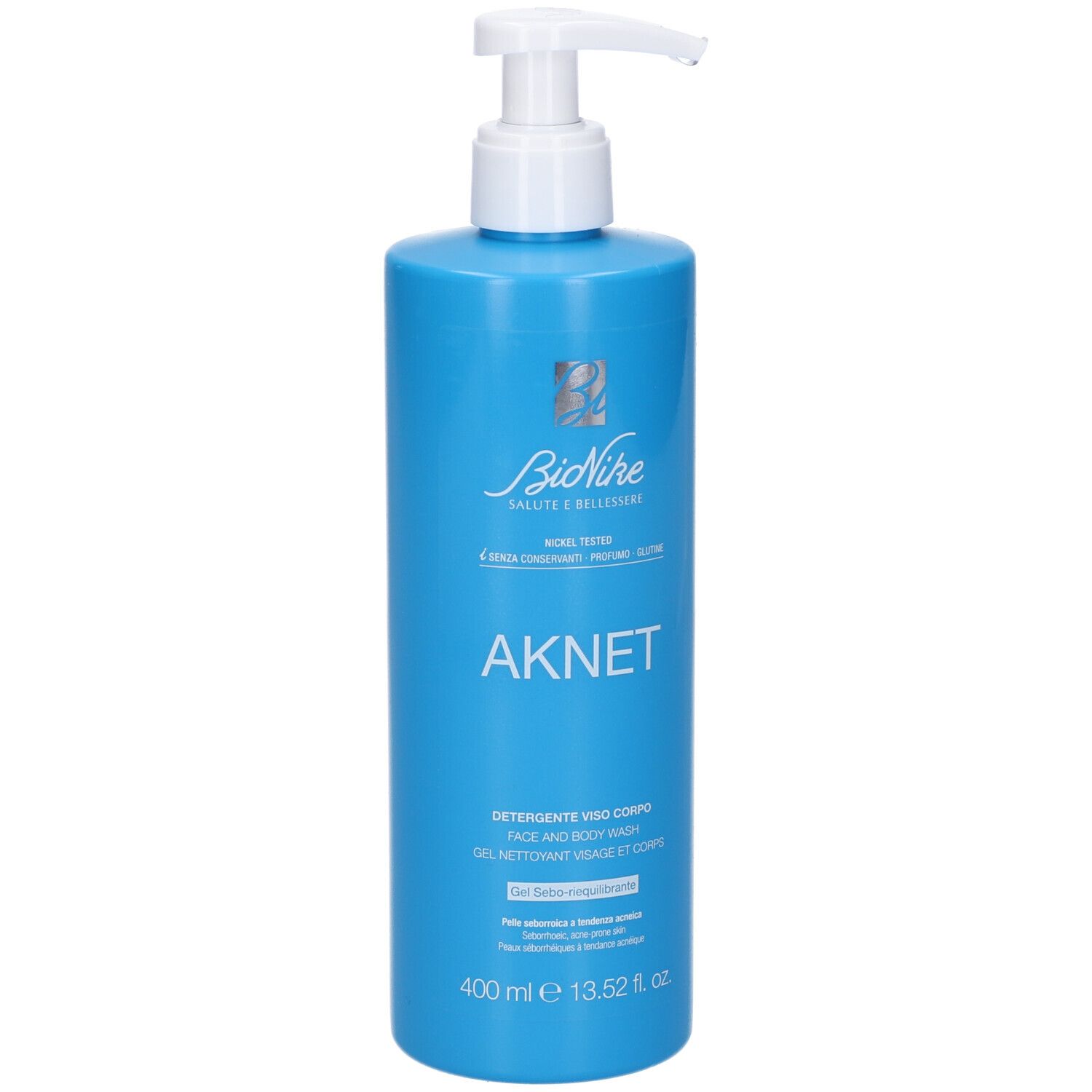 Blaue Pumpflasche mit BioNike AKNET Gesichts- und Körperwaschgel, 400 ml.