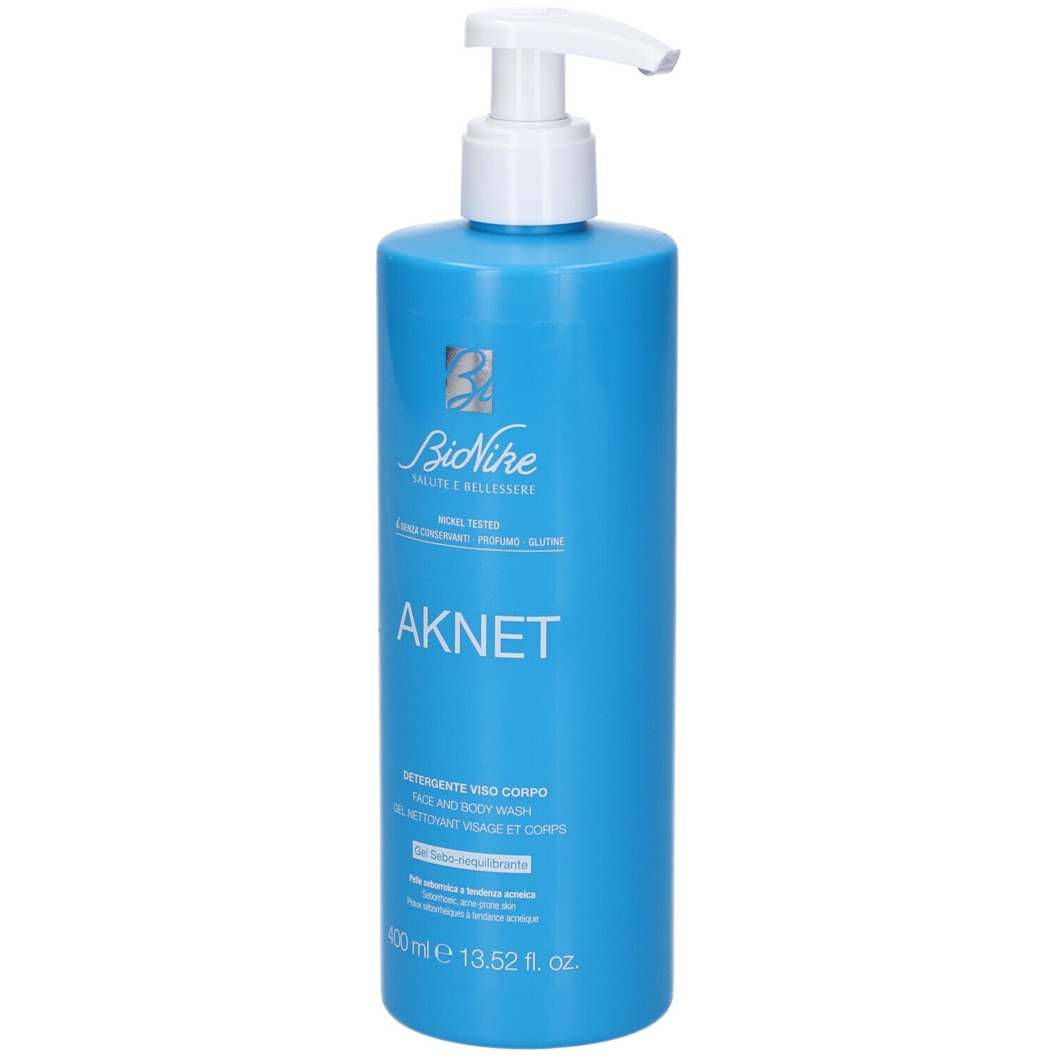 Blaue Flasche mit Pumpspender, Bionike AKNET Gesichts- und Körperwaschmittel, 400ml.