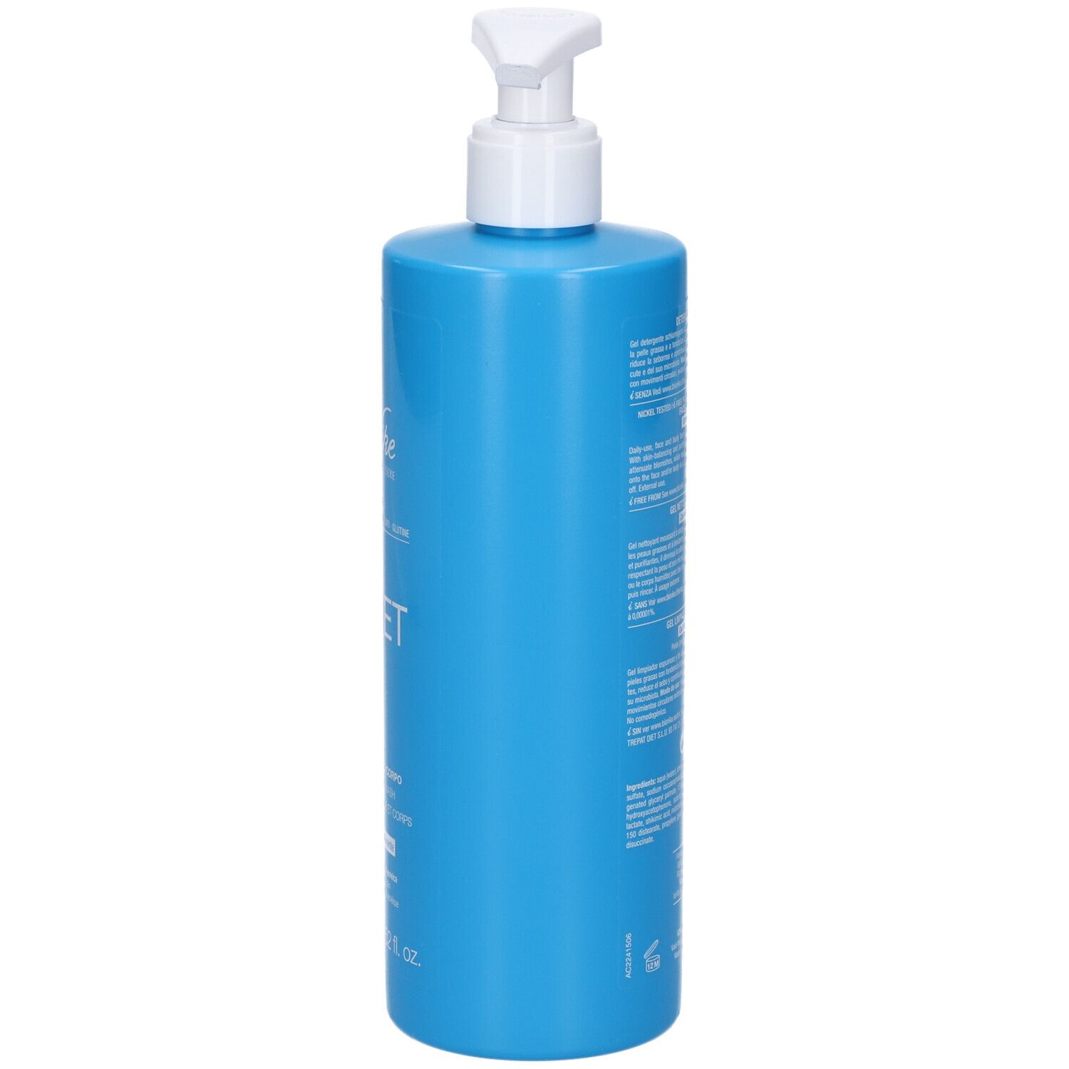 Blaue Pumpflasche mit weißem Spender. Text auf dem Etikett.
