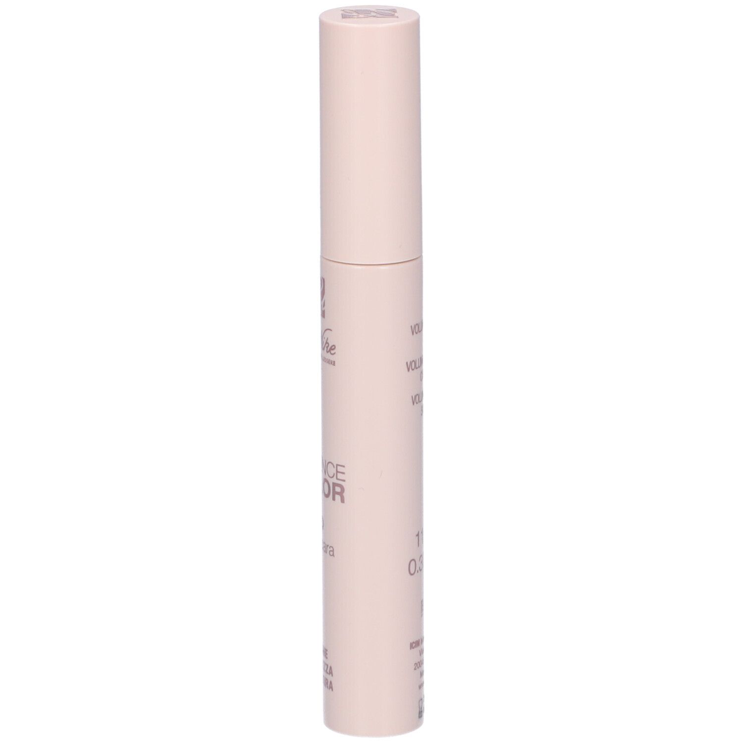 Ein heller, zylindrischer Mascara-Behälter mit rosa Aufdruck.