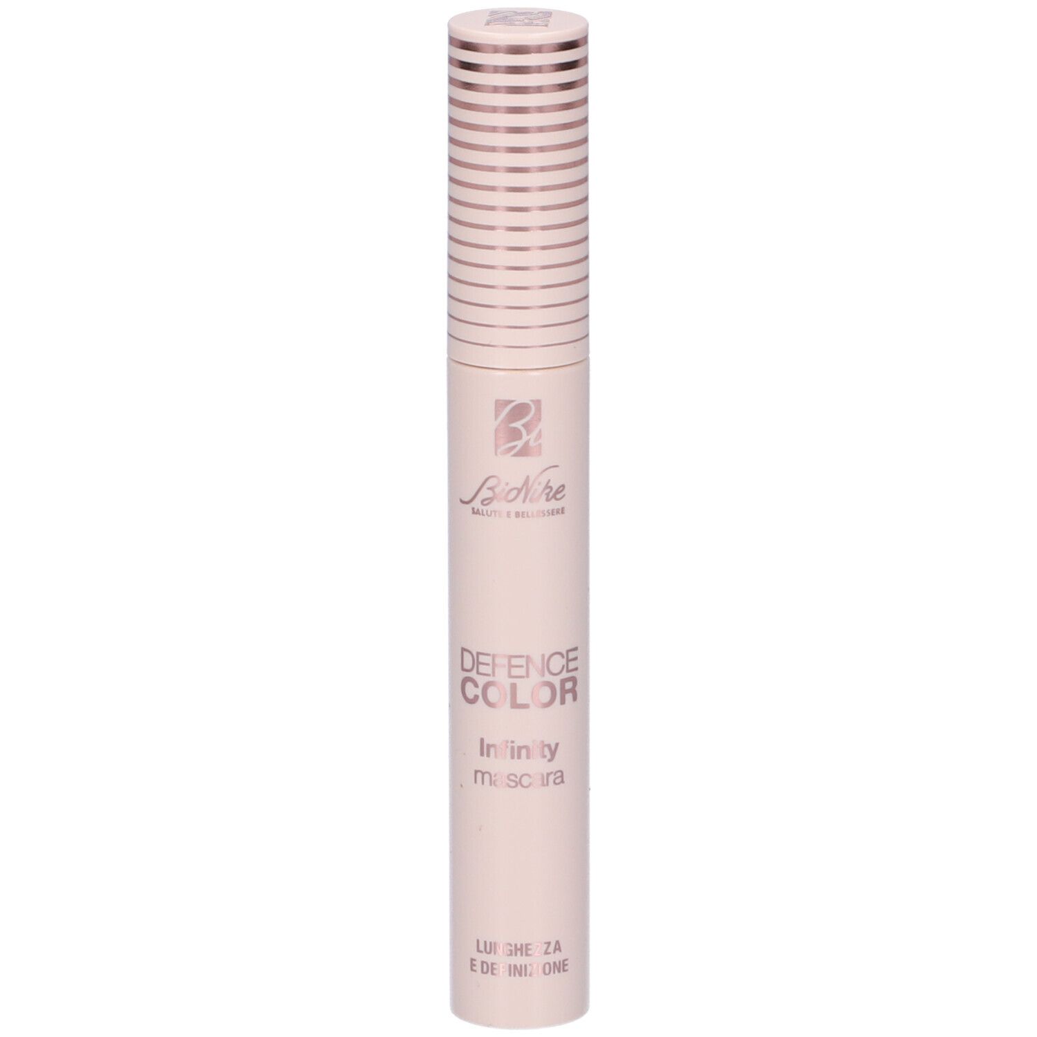 Tubo di mascara rosa chiaro con tappo e scritte color oro rosa. Marchio: Bionike Defence Color.