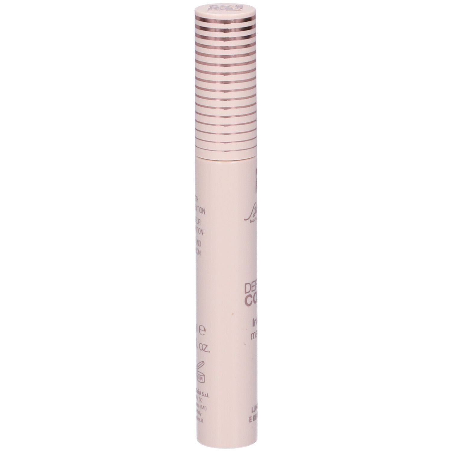 Tubo di mascara rosa chiaro con tappo color oro rosa. Scritta: Defence Color Infinity mascara.