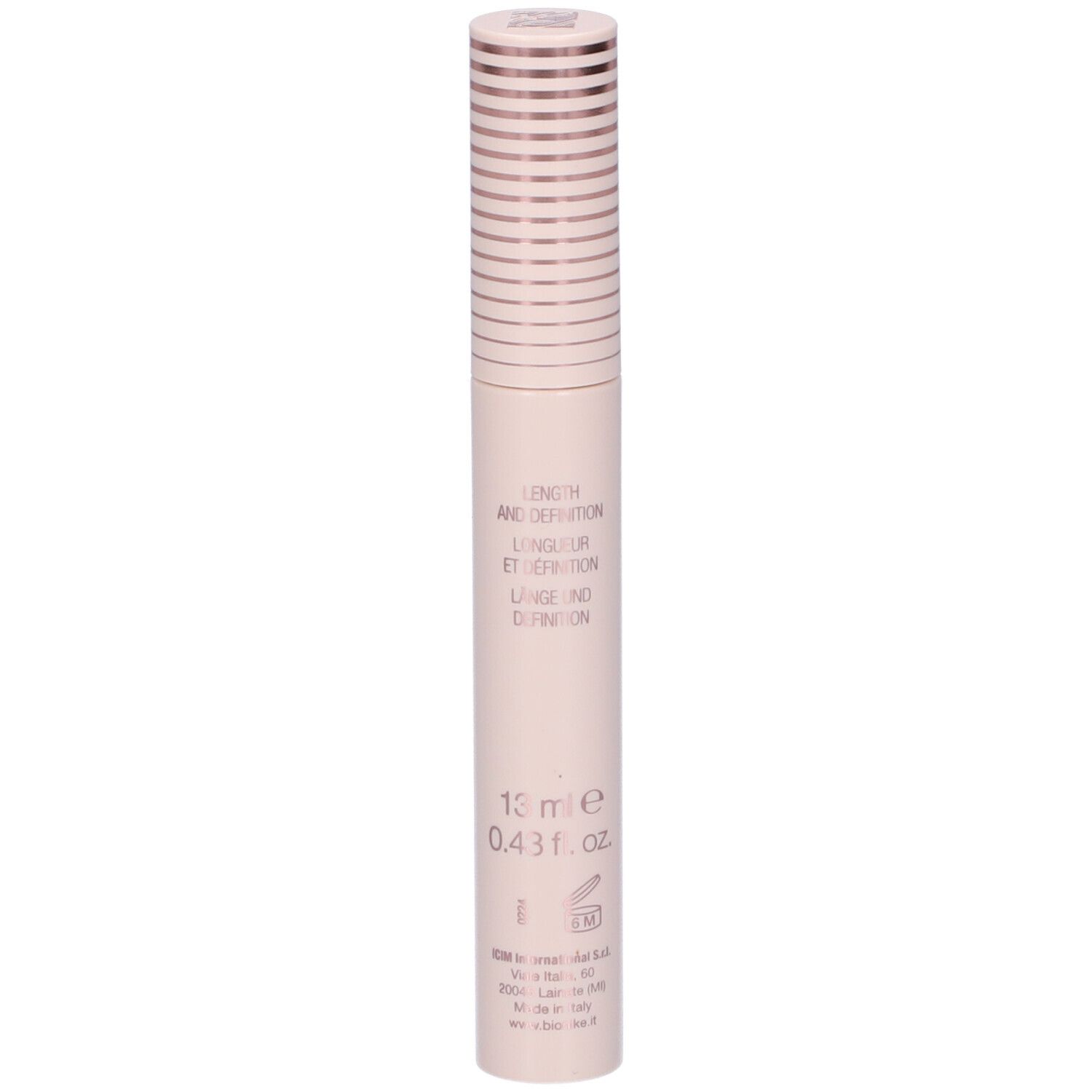 Tubo di mascara rosa chiaro con tappo color oro rosa. Testo: Lunghezza e definizione. 13 ml, 0,43 fl. oz.
