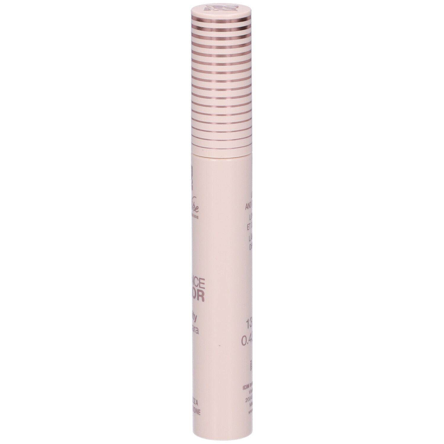 Tubo di mascara rosa chiaro con tappo color oro rosa. Testo: Defence Color Infinity mascara. 13 ml, 0,43 fl. oz.