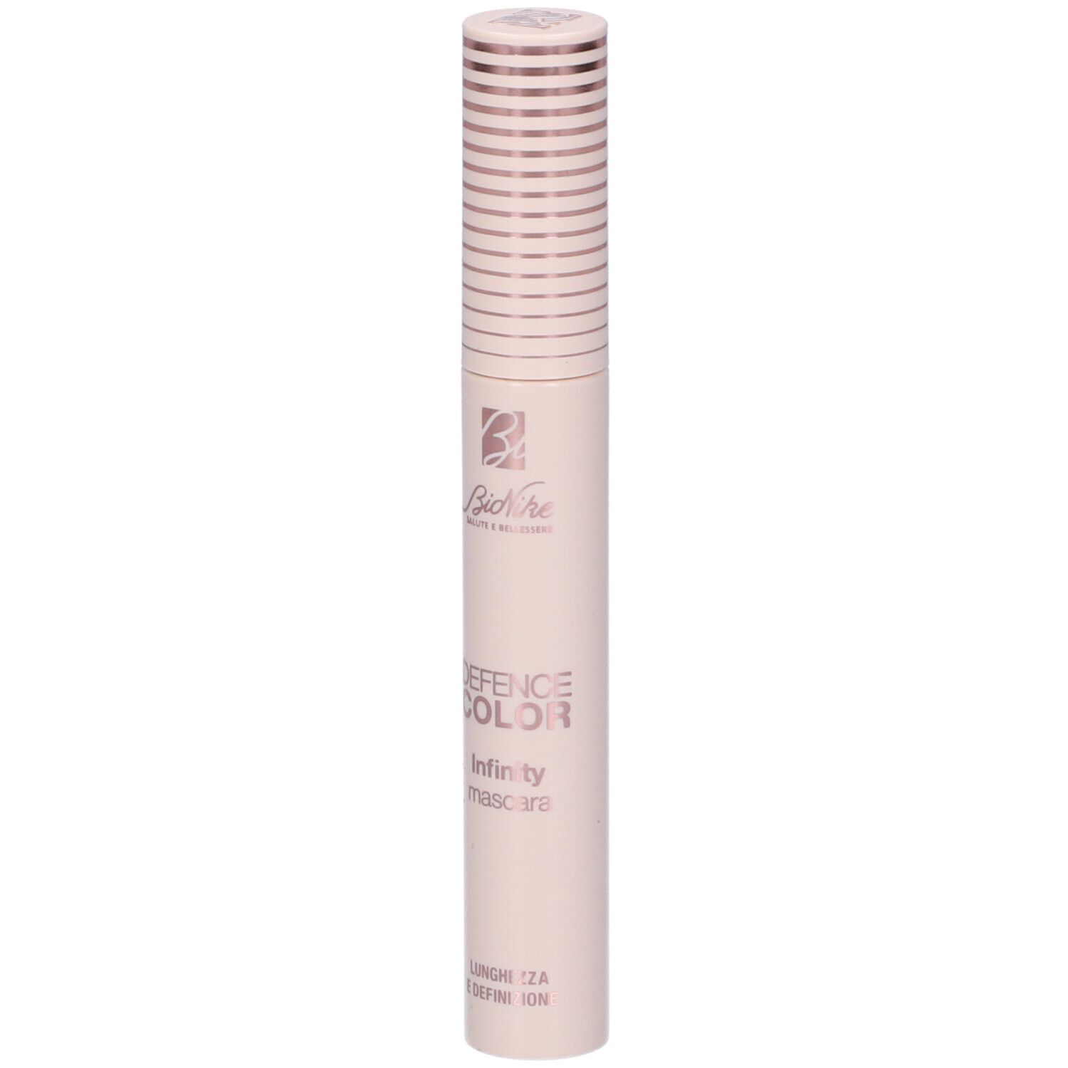 Tubo di mascara rosa chiaro con tappo color oro rosa. Testo: Bionike Defence Color Infinity mascara.