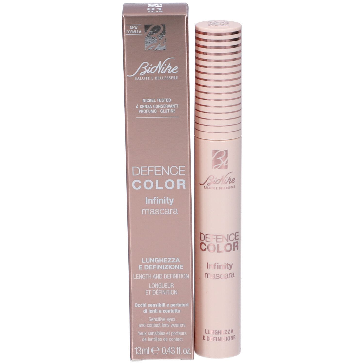 Tubo di mascara e confezione. Rosa chiaro con dettagli oro rosa. Testo: Bionike Defence Color Infinity mascara.