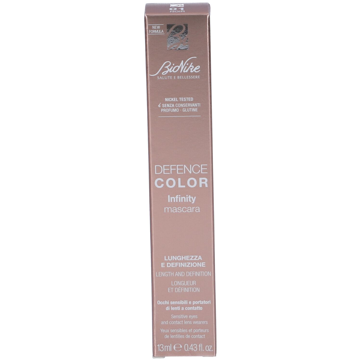 Confezione sottile per mascara. Rosa chiaro con dettagli oro rosa. Testo: Bionike Defence Color Infinity mascara.