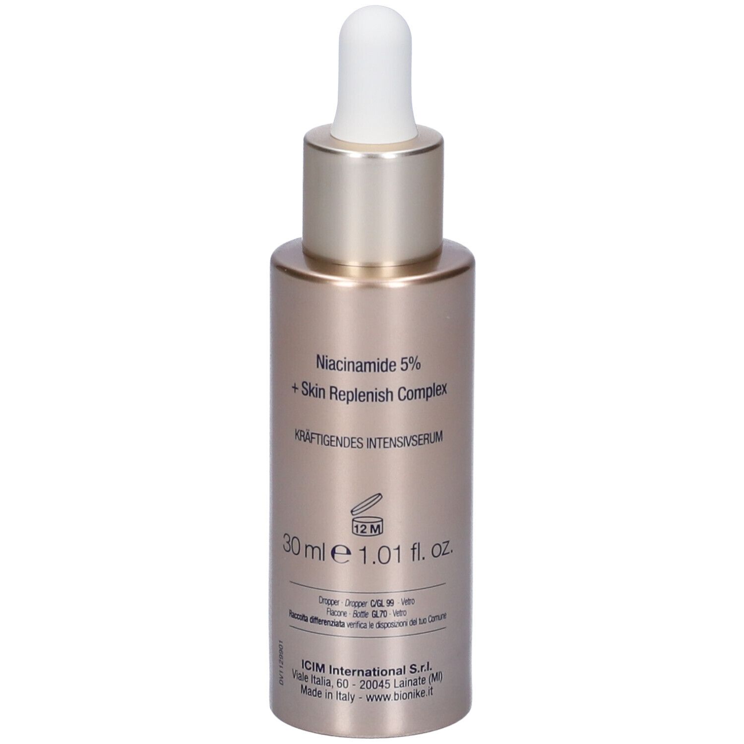 Goldfarbene Flasche mit weißem Tropfer. Aufschrift: 30 ml, 1.01 fl. oz. Marke: Bionike.