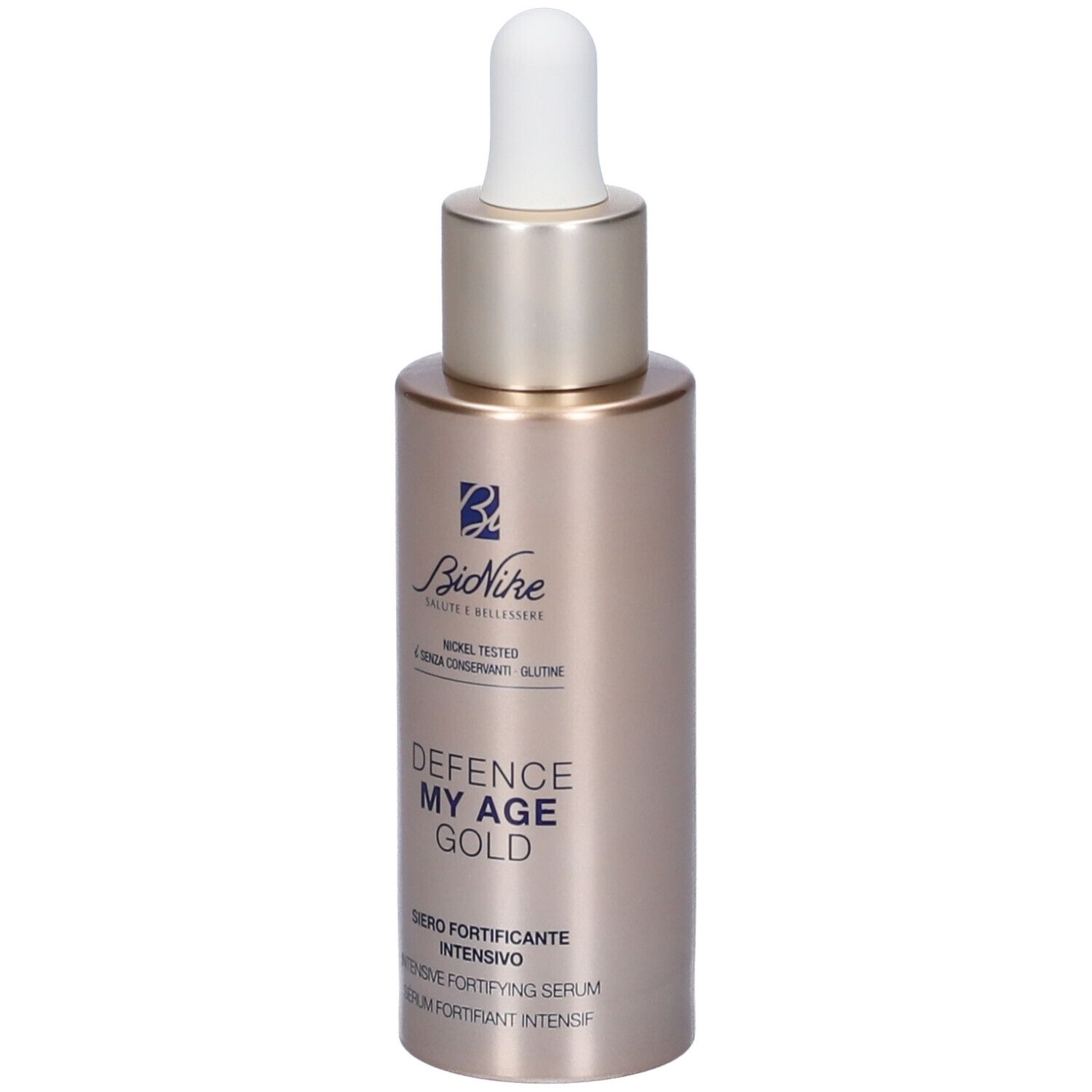 Goldfarbene Flasche mit weißem Tropfer. Aufschrift: Defence My Age Gold. Marke: Bionike.