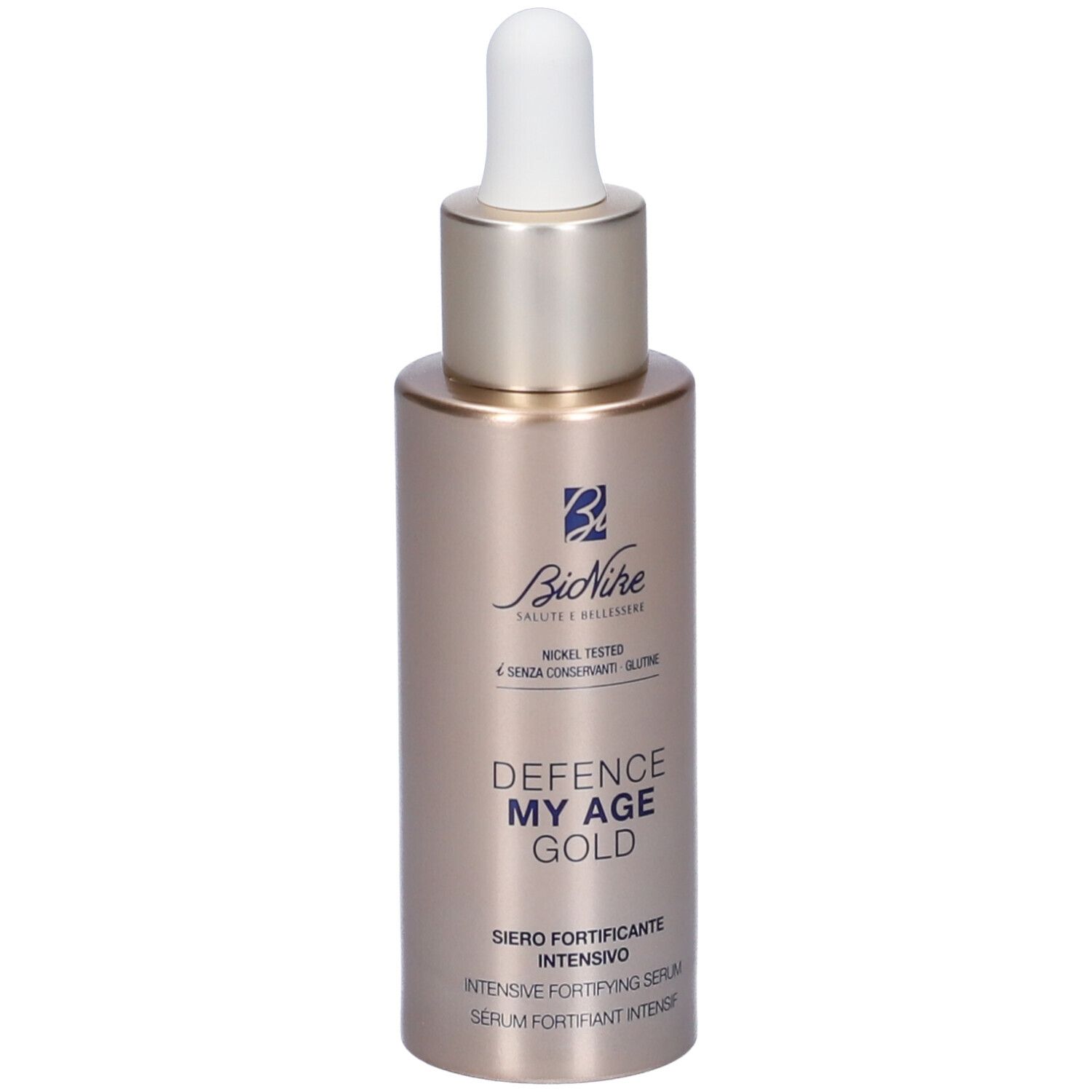 Goldfarbene Flasche mit weißem Tropfer. Aufschrift: Defence My Age Gold. Marke: Bionike.