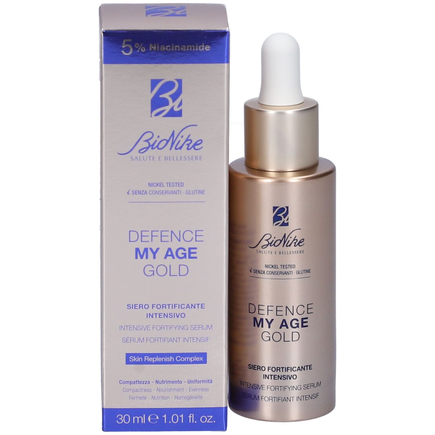Produktflasche und Verpackung. Aufschrift: Defence My Age Gold. Marke: Bionike. 30 ml.