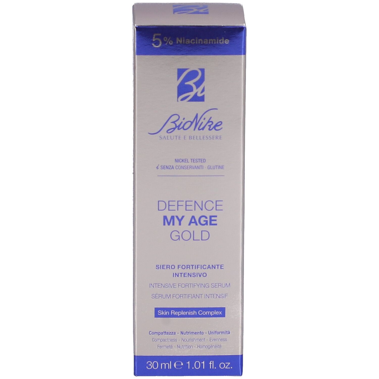 Produktverpackung. Aufschrift: Defence My Age Gold. Marke: Bionike. 30 ml.