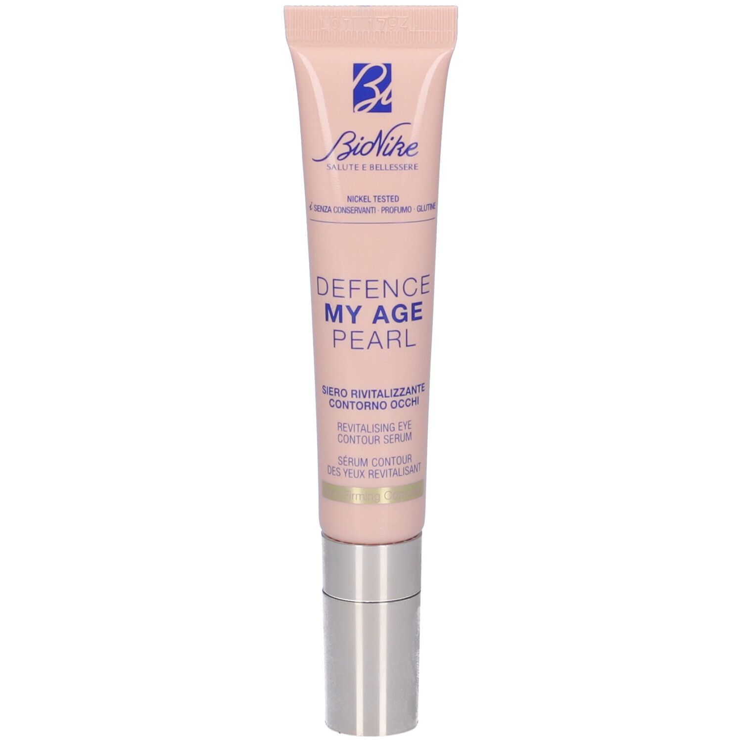 Rosa Tube mit silbernem Verschluss. Aufschrift: Bionike, Defence My Age Pearl, Siero Rivitalizzante Contorno Occhi.