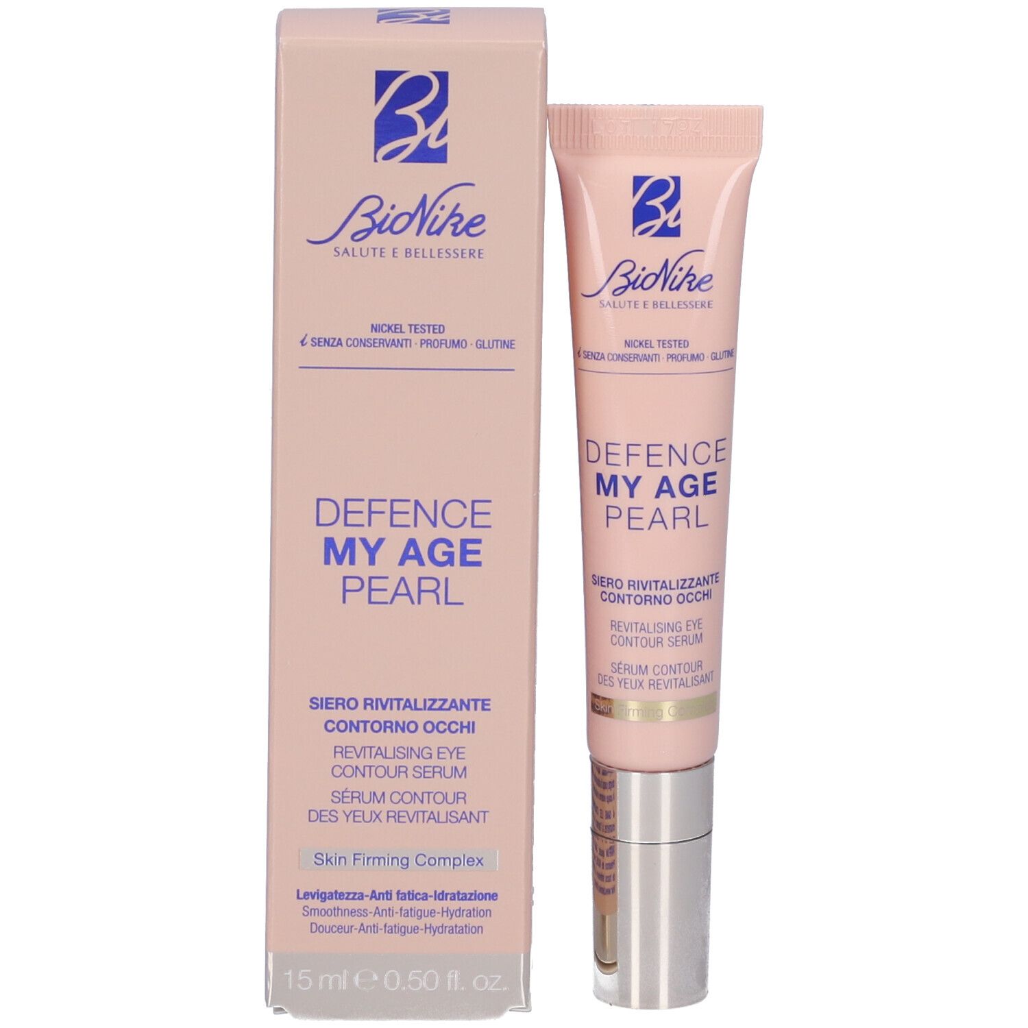 Produkt und Verpackung. Rosa Schachtel und Tube. Aufschrift: Bionike, Defence My Age Pearl, Siero Rivitalizzante Contorno Occhi.