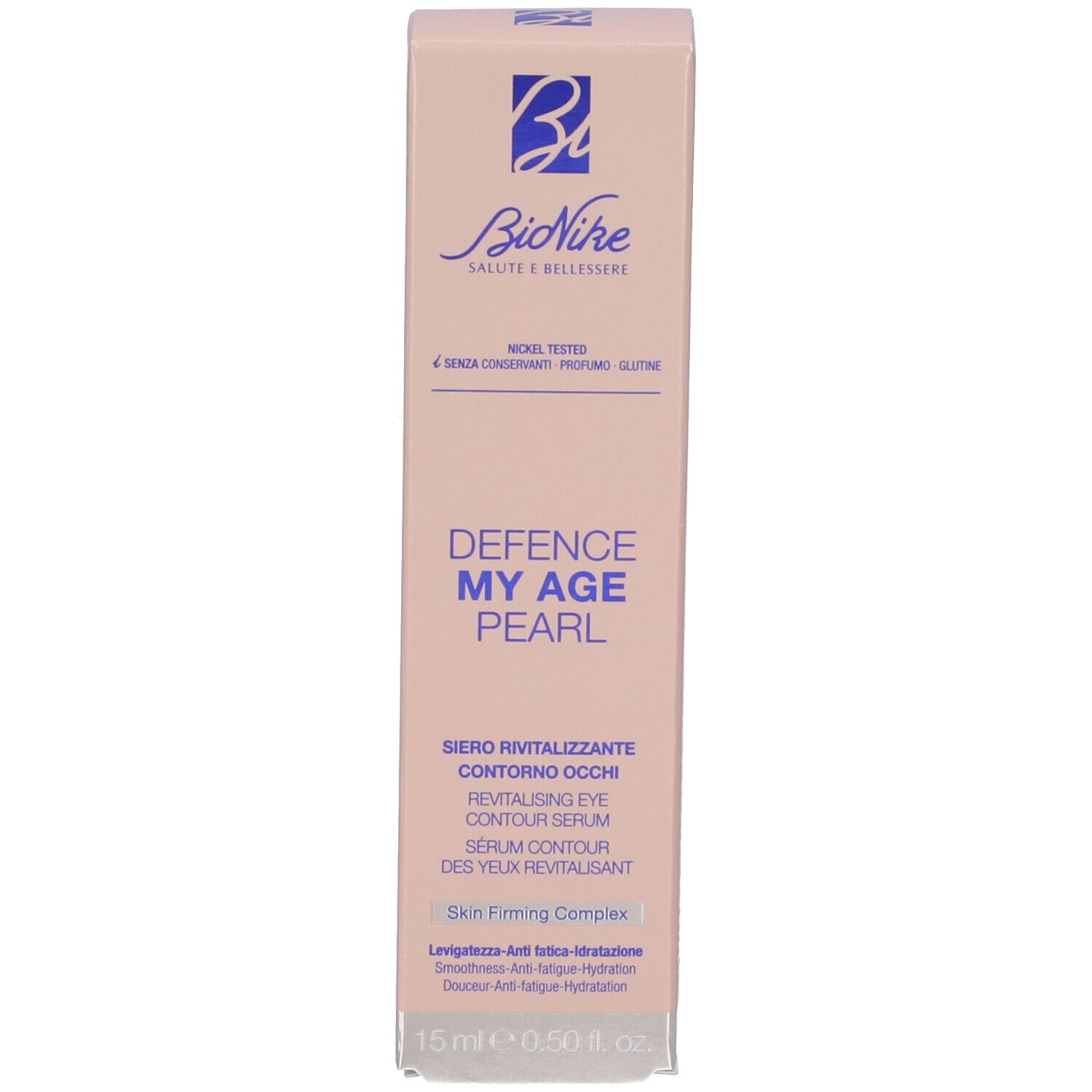 Rosa Schachtel. Aufschrift: Bionike, Defence My Age Pearl, Siero Rivitalizzante Contorno Occhi. Nickel Tested.
