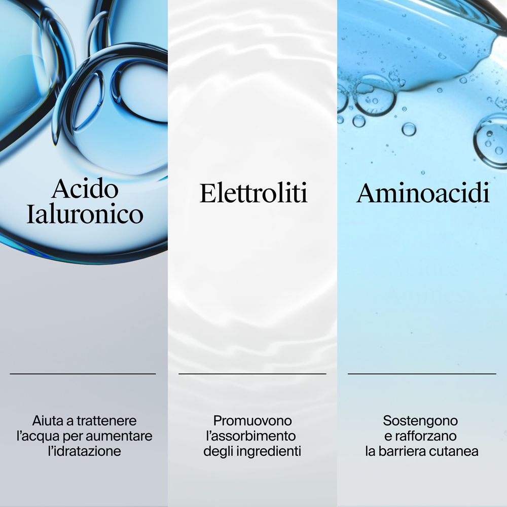 Ingredienti: Acido ialuronico, elettroliti, aminoacidi. Per idratazione e barriera cutanea.