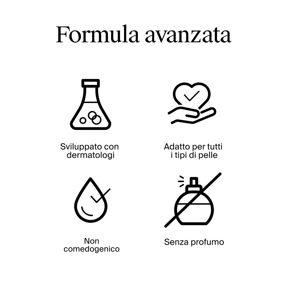 Icone formula: Sviluppato con dermatologi, per tutti i tipi di pelle, non comedogenico, senza profumo.