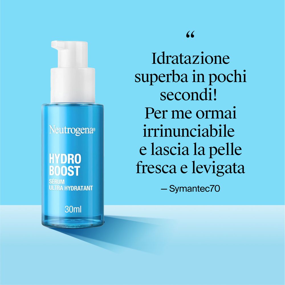 Flacone Neutrogena Hydro Boost Siero accanto a una recensione sull'idratazione.