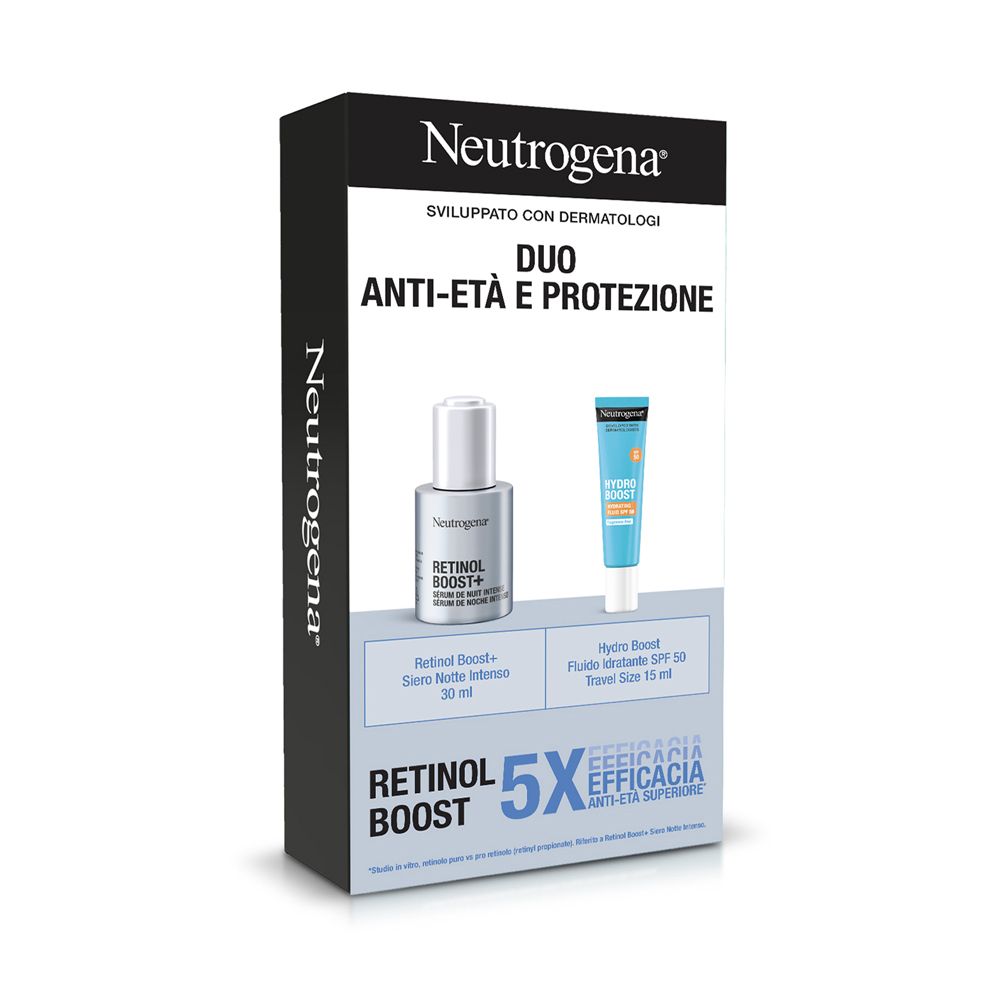 Cofanetto regalo Neutrogena DUO anti-età e protezione con Siero Viso notte al Retinolo e  Fluido Viso Idratante con Protezione Solare Viso SPF 50
