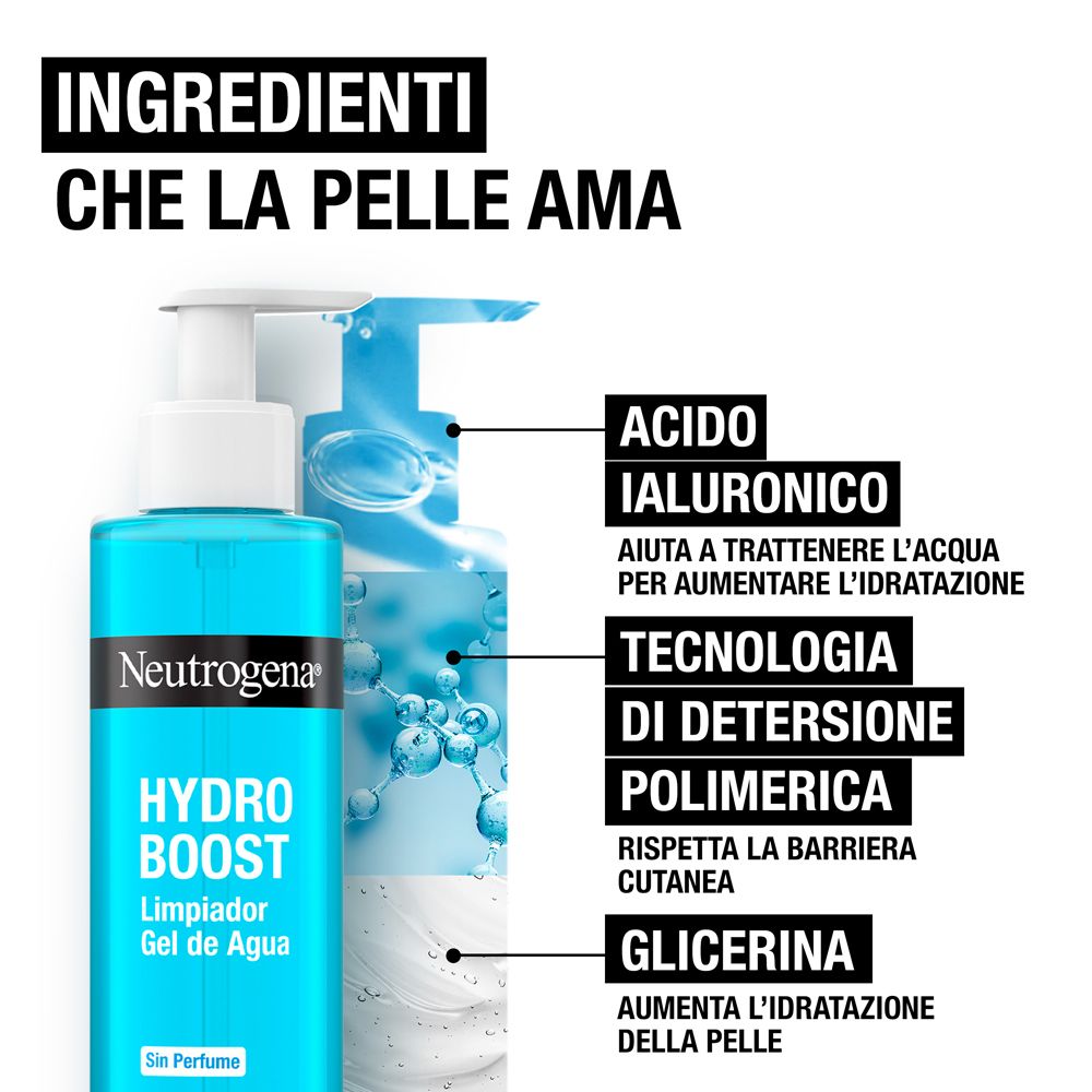 Neutrogena Hydro Boost Reiniger. Inhaltsstoffe: Hyaluronsäure, Polymer-Reinigungstechnologie, Glycerin. Produktname und Logo.