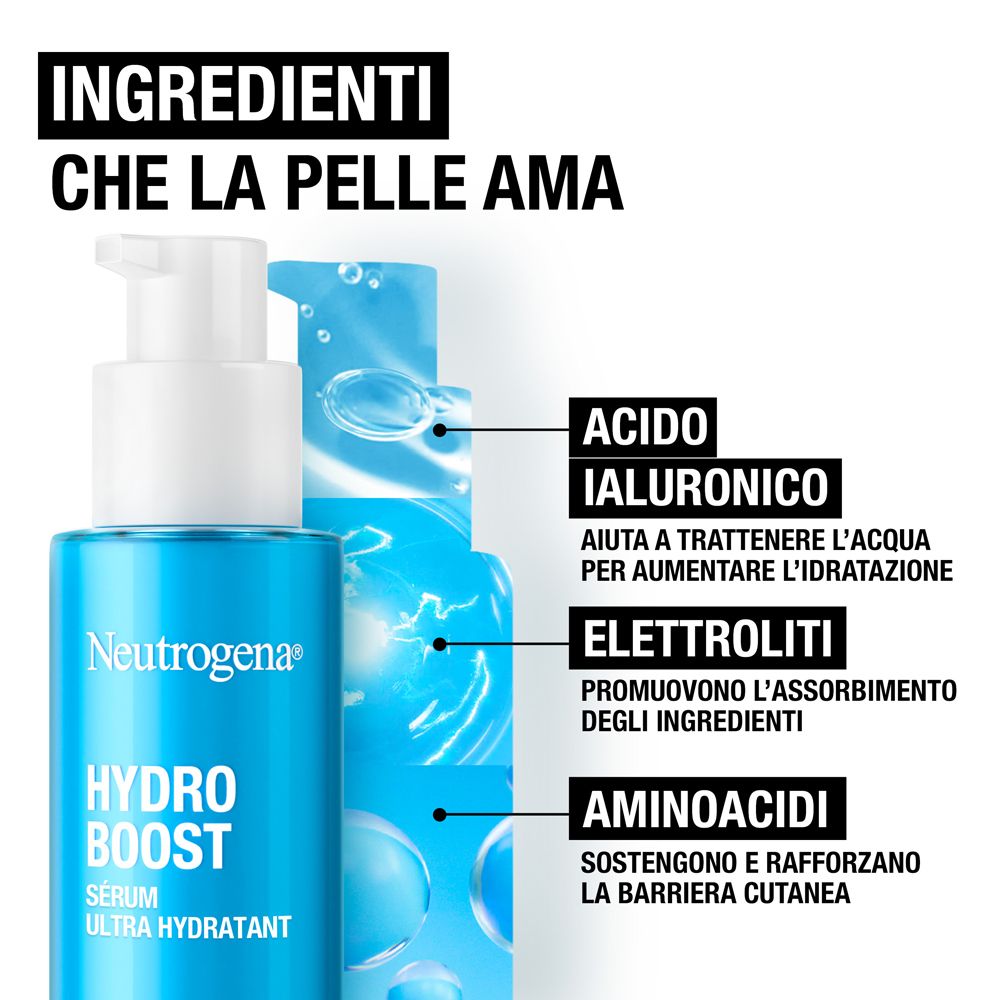 Neutrogena Hydro Boost Serum. Inhaltsstoffe: Hyaluronsäure, Elektrolyte, Aminosäuren. Produktname und Logo.