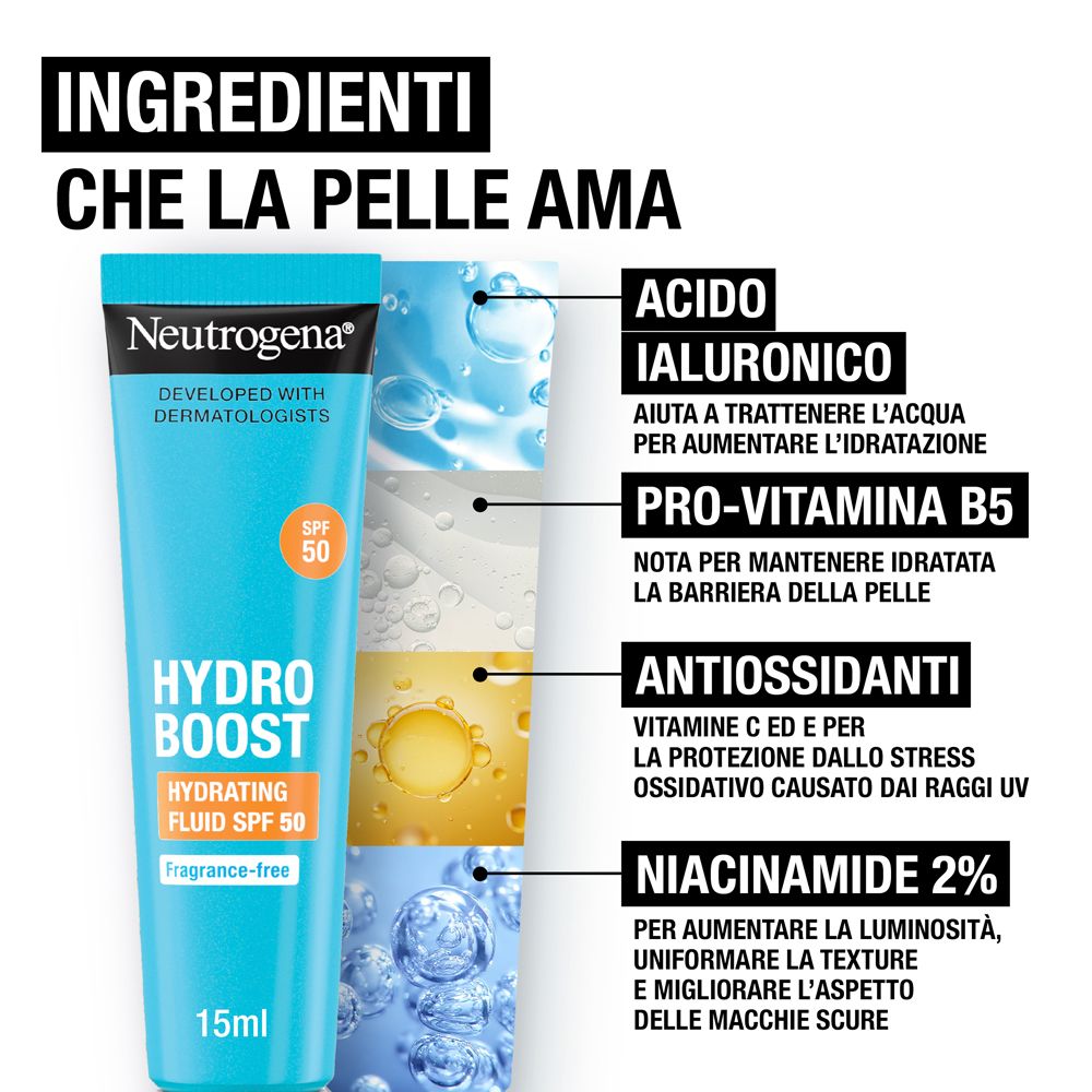 Neutrogena Hydro Boost Fluid SPF 50. Inhaltsstoffe: Hyaluronsäure, Pro-Vitamin B5, Antioxidantien, Niacinamid. Produktname und Logo.