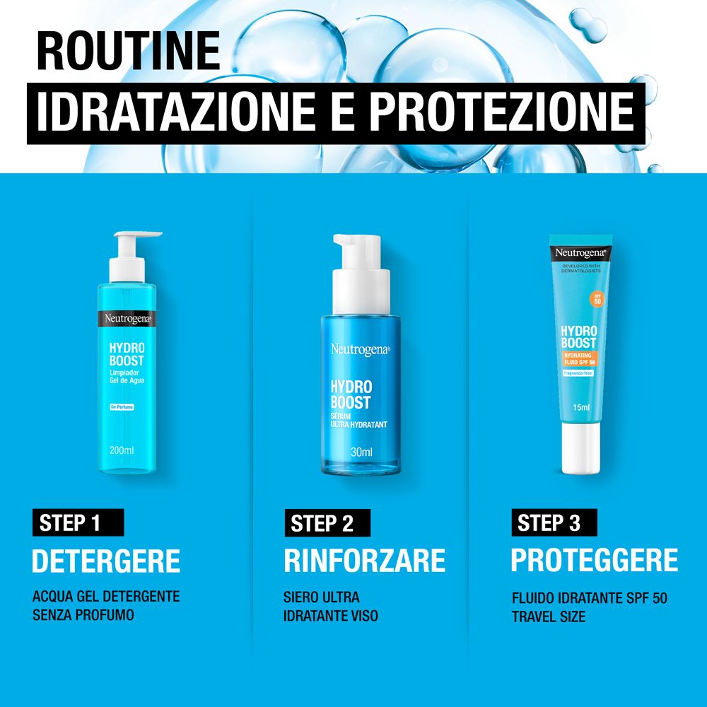 Drei Produkte: Reiniger, Serum, Fluid SPF50. Schritte: Reinigen, Stärken, Schützen. Produktnamen und Logo.