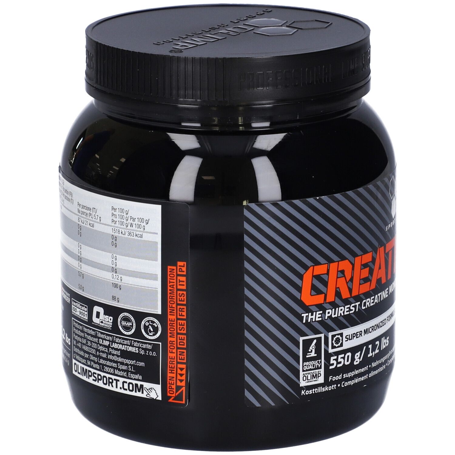 Schwarze Dose mit Olimp Creatine Monohydrate Powder. Rückseite mit Nährwertangaben. 550 g/1,2 lbs.