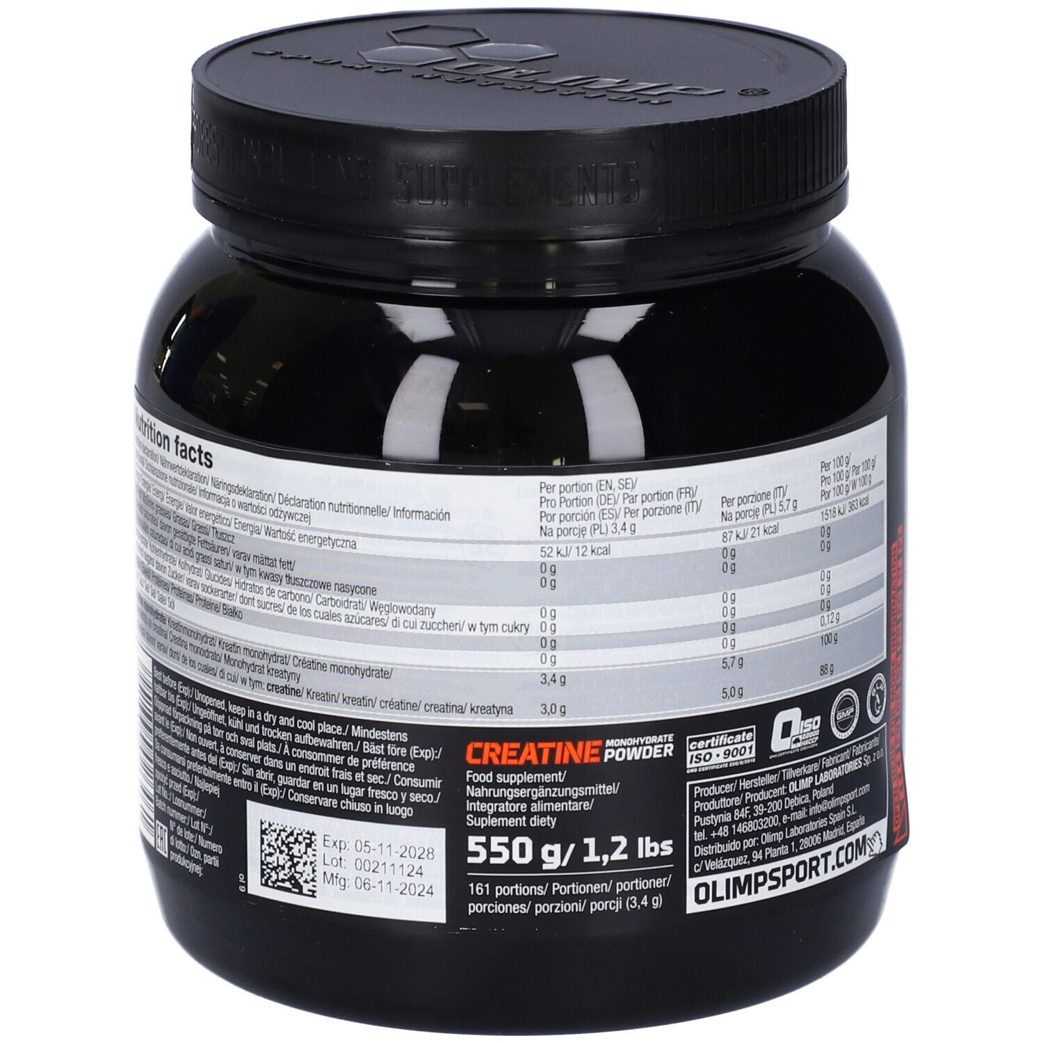 Schwarze Dose mit Olimp Creatine Monohydrate Powder. Rückseite mit Nährwertangaben und ISO-Zertifizierung.