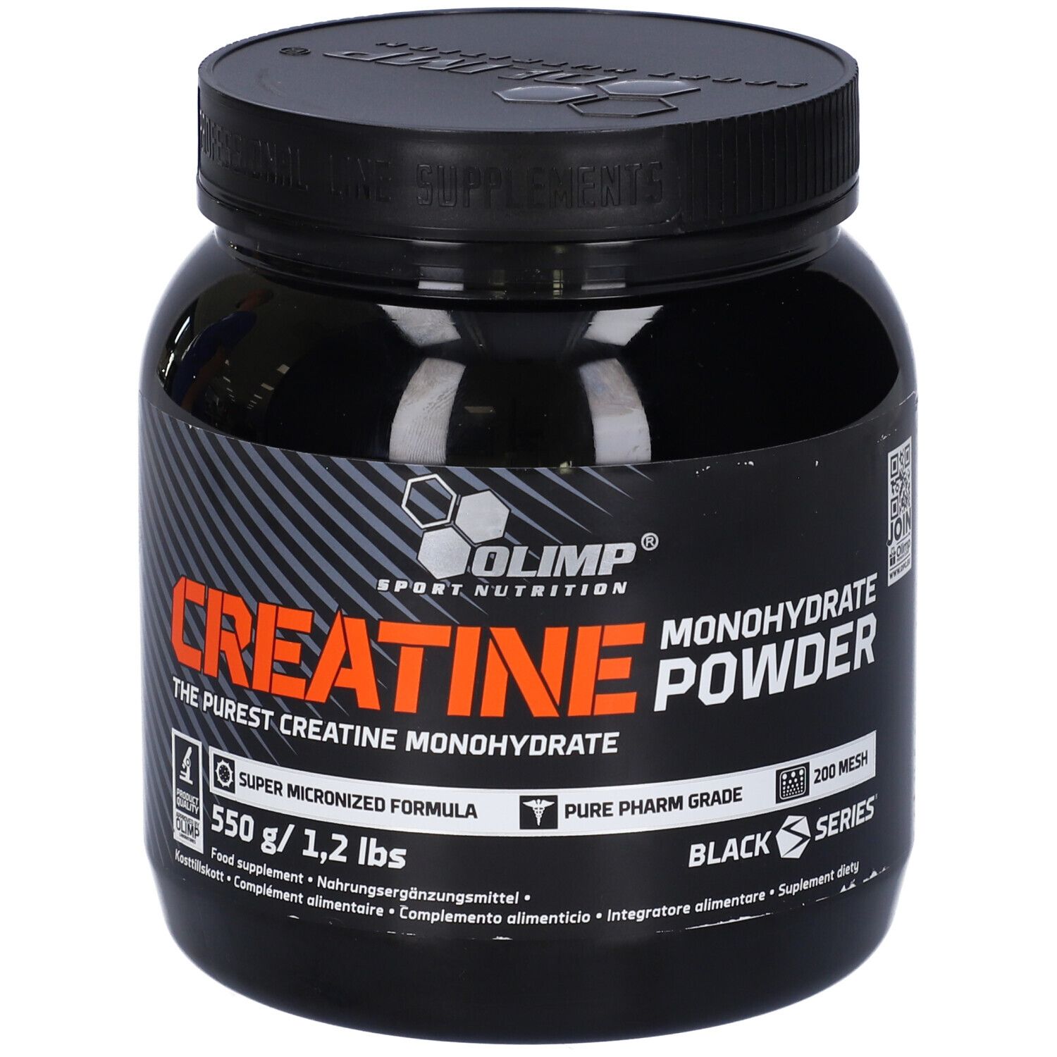 Schwarze Dose mit Olimp Creatine Monohydrate Powder. Orangefarbener Schriftzug. 550 g/1,2 lbs. Schwarze Serie.