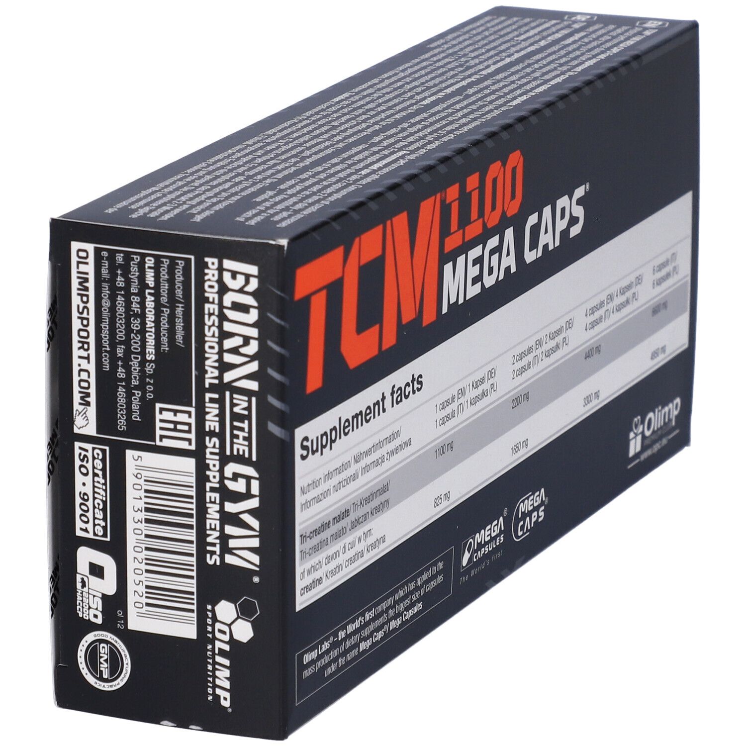 Schwarze Schachtel mit orangefarbenem Text. Enthält 120 Kapseln. Aufschrift: TCM 1100 Mega Caps. Marke: Olimp. Detailansicht der Rückseite.