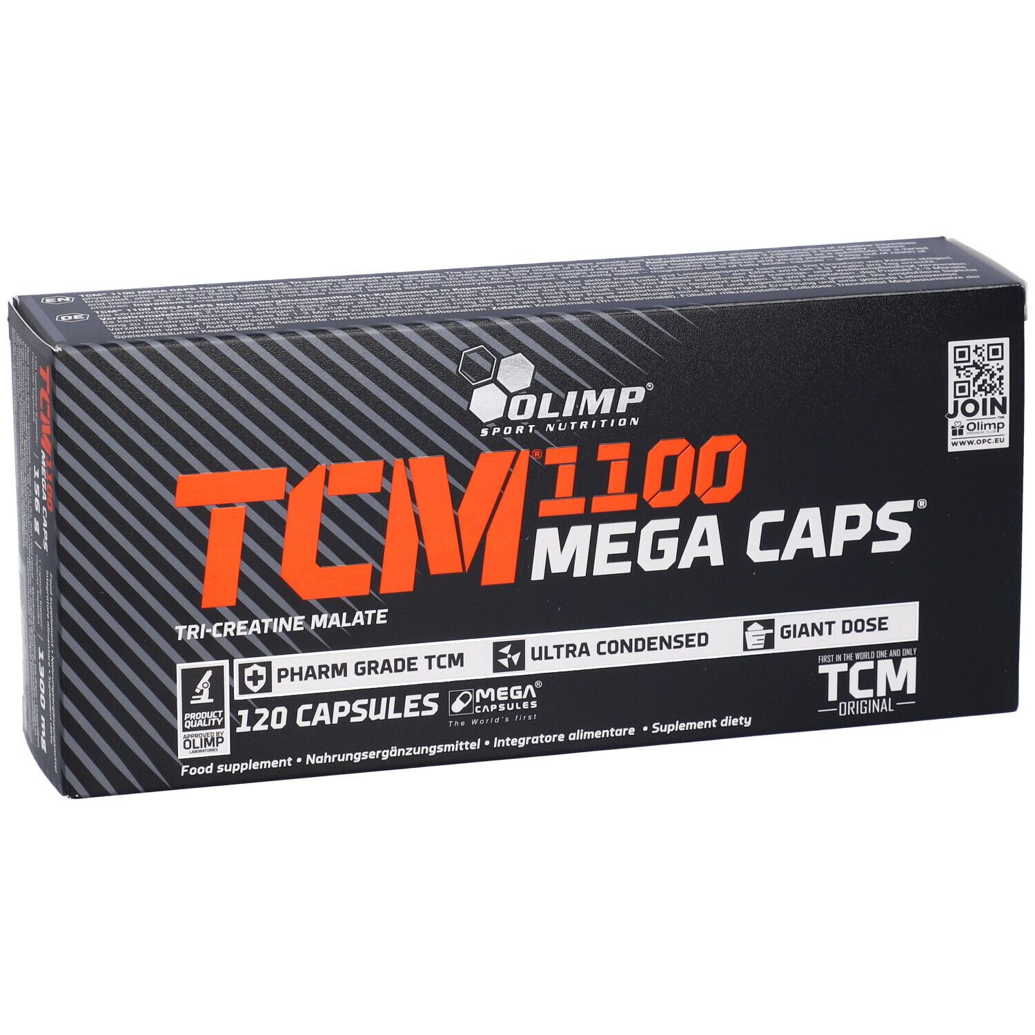 Schwarze Schachtel mit orangefarbenem Text. Enthält 120 Kapseln. Aufschrift: TCM 1100 Mega Caps. Marke: Olimp.