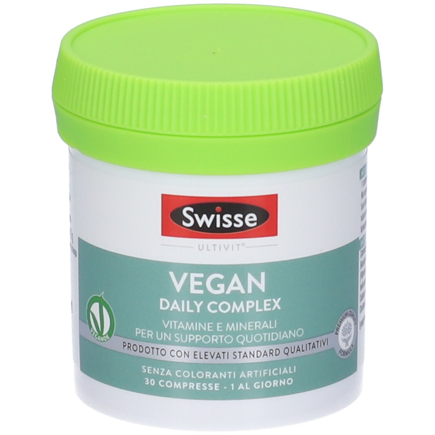 Contenitore bianco rotondo con coperchio verde. Scritta: Swisse Vegan Daily Complex. 30 compresse.