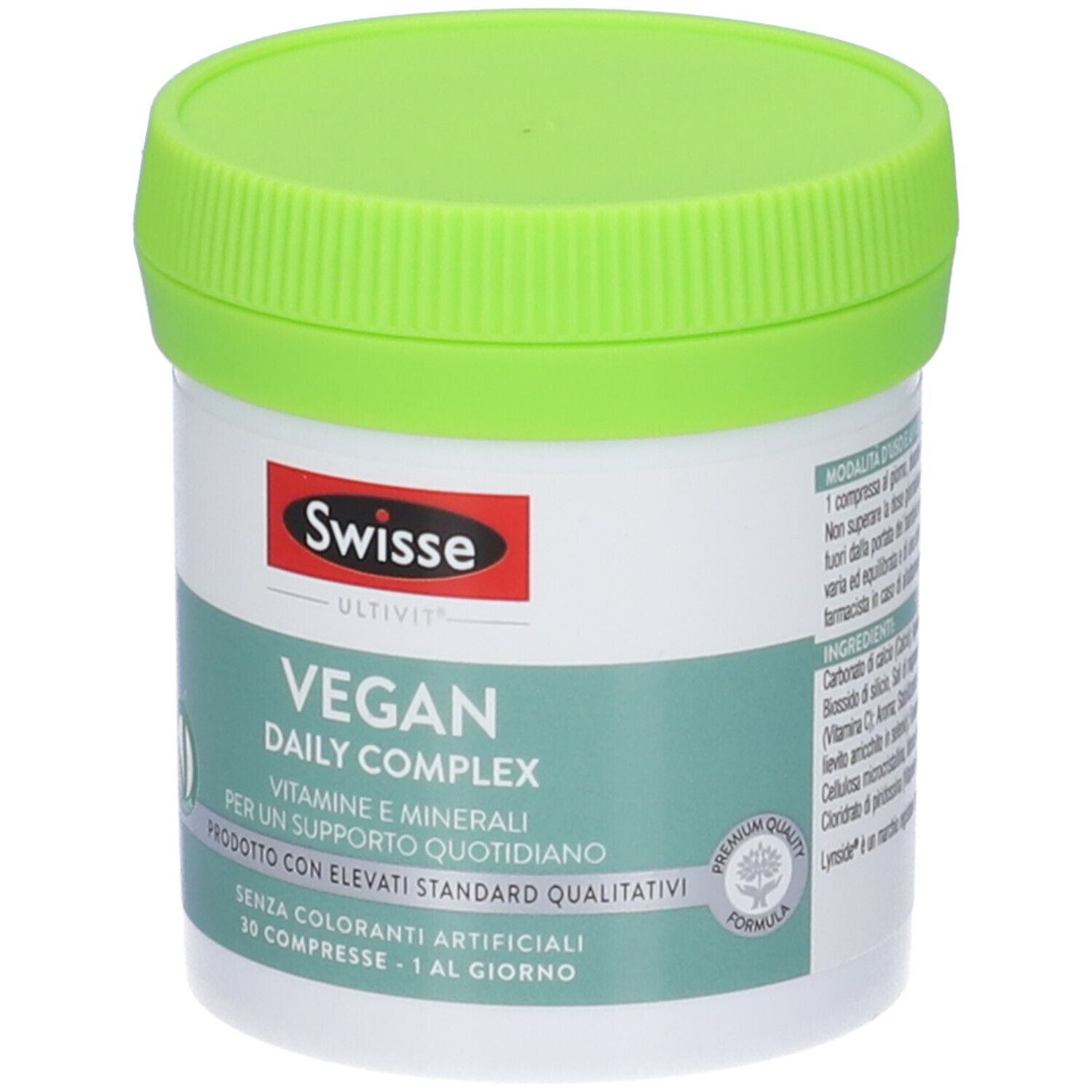 Contenitore bianco rotondo con coperchio verde. Scritta: Swisse Vegan Daily Complex. 30 compresse.