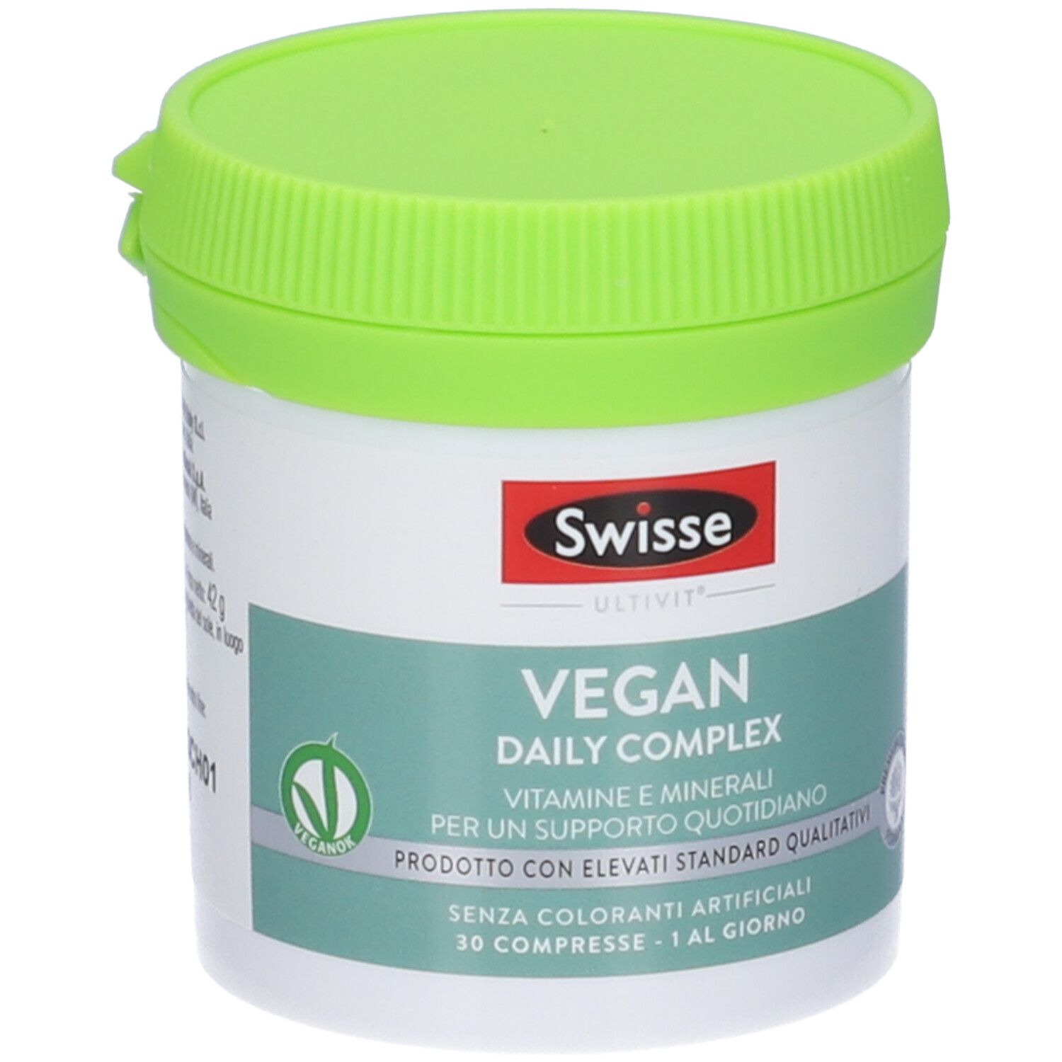 Contenitore bianco rotondo con coperchio verde. Scritta: Swisse Vegan Daily Complex. 30 compresse.