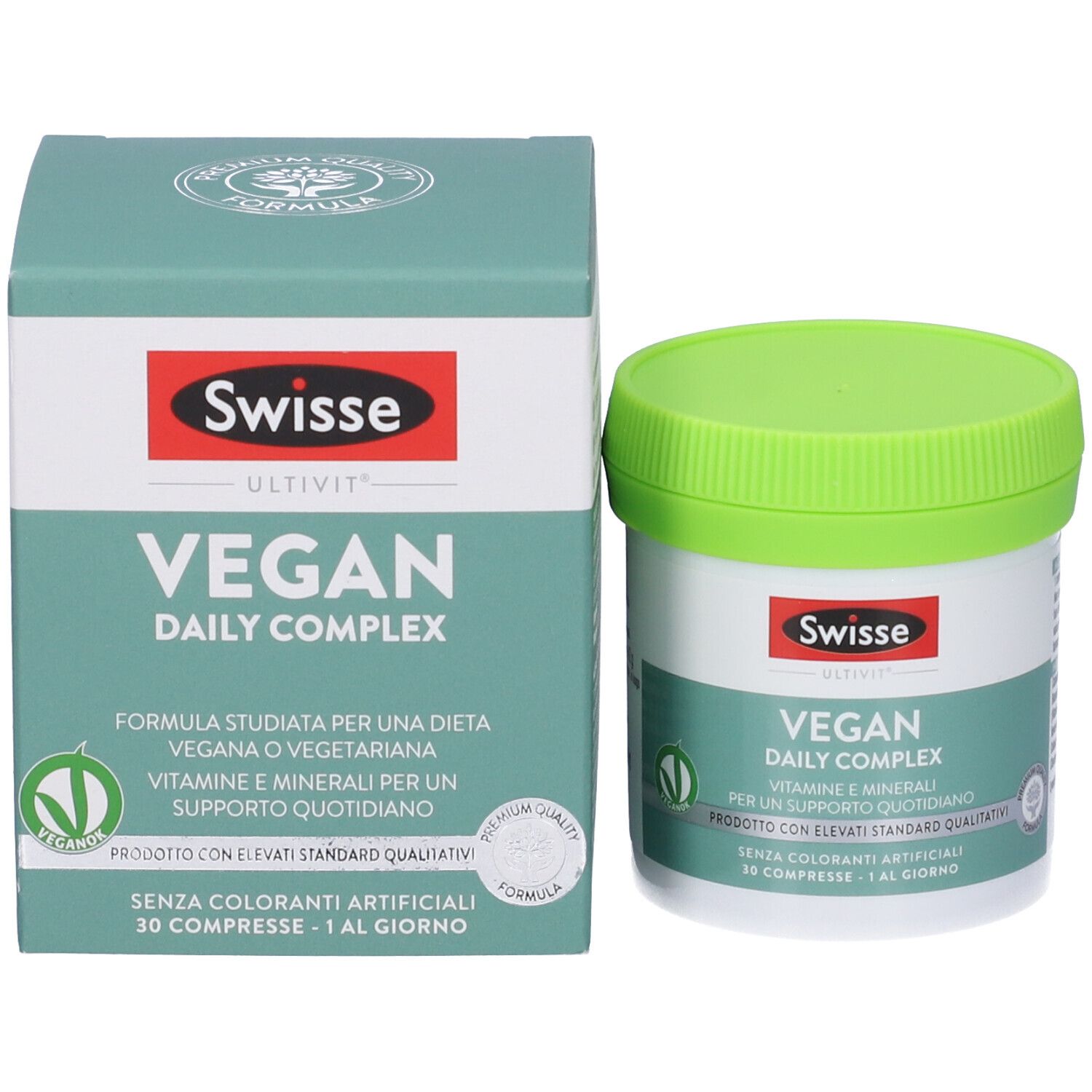Confezione del prodotto: barattolo e scatola. Scritta: Swisse Vegan Daily Complex. 30 compresse.