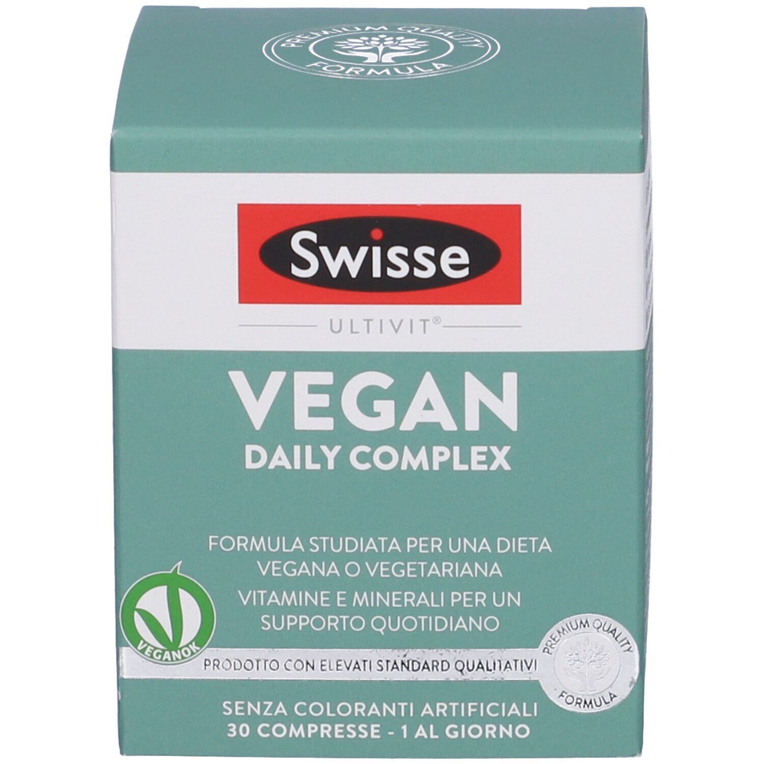Scatola verde. Scritta: Swisse Vegan Daily Complex. 30 compresse.