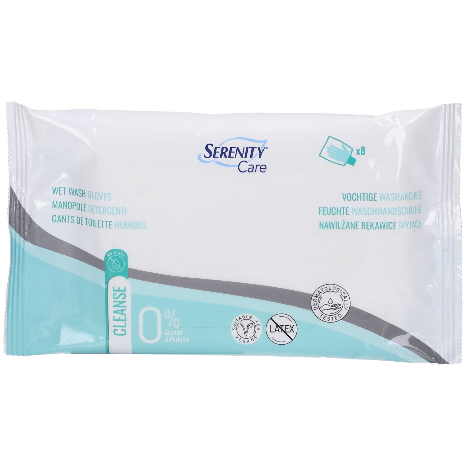 Confezione di guanti lavanti Serenity Care, 8 pezzi. Scritte: Wet Wash Gloves, 0% sapone, dermatologicamente testato, senza lattice.