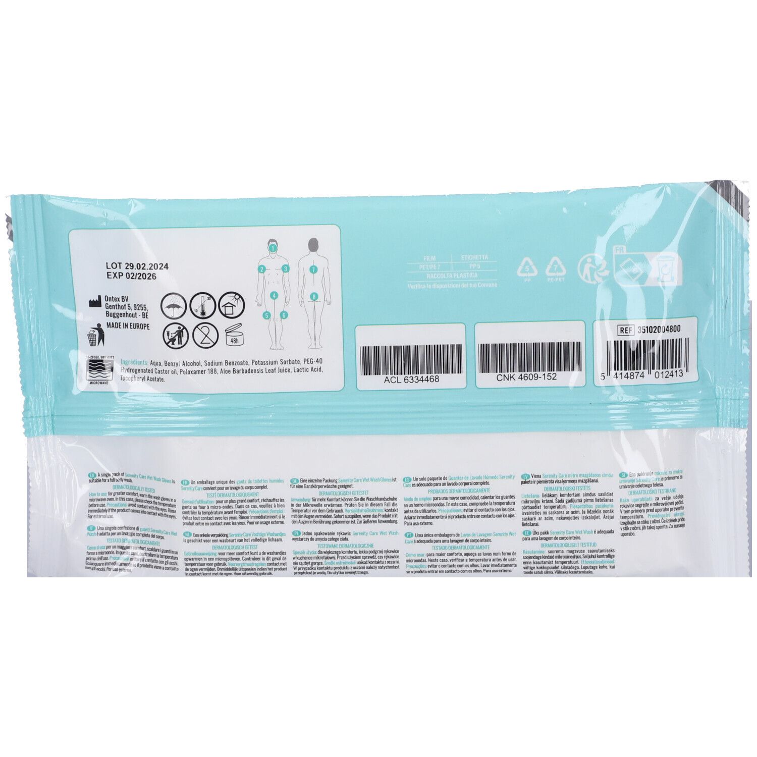 Retro della confezione di guanti lavanti Serenity Care. Informazioni sugli ingredienti, istruzioni per l'uso, numero di lotto e codici a barre.