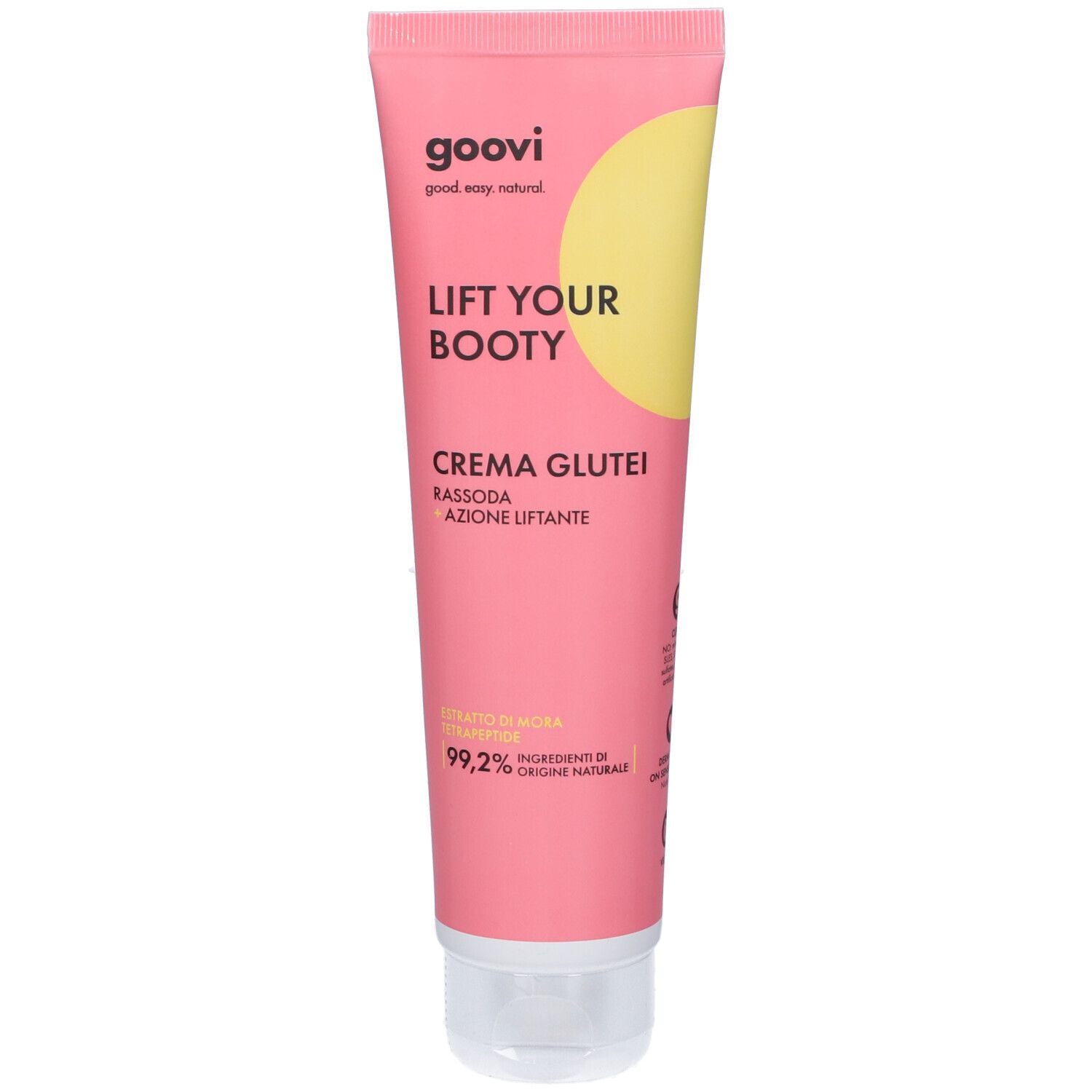 Tubo rosa con cerchio giallo. Scritta: Lift Your Booty, Crema Glutei, Goovi. Chiusura trasparente.