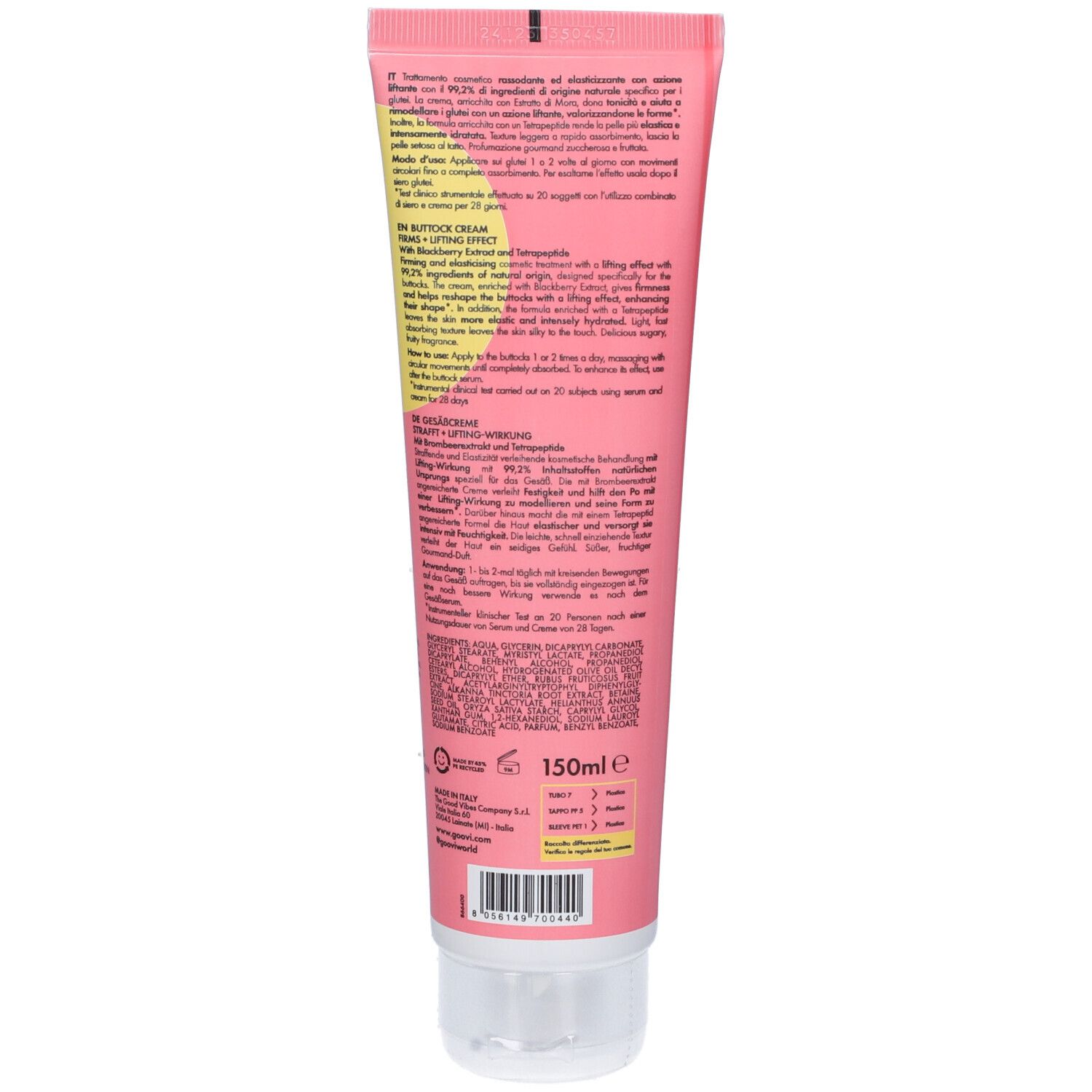 Retro di un tubo rosa. Testo multilingue. In basso: 150ml. Chiusura trasparente.