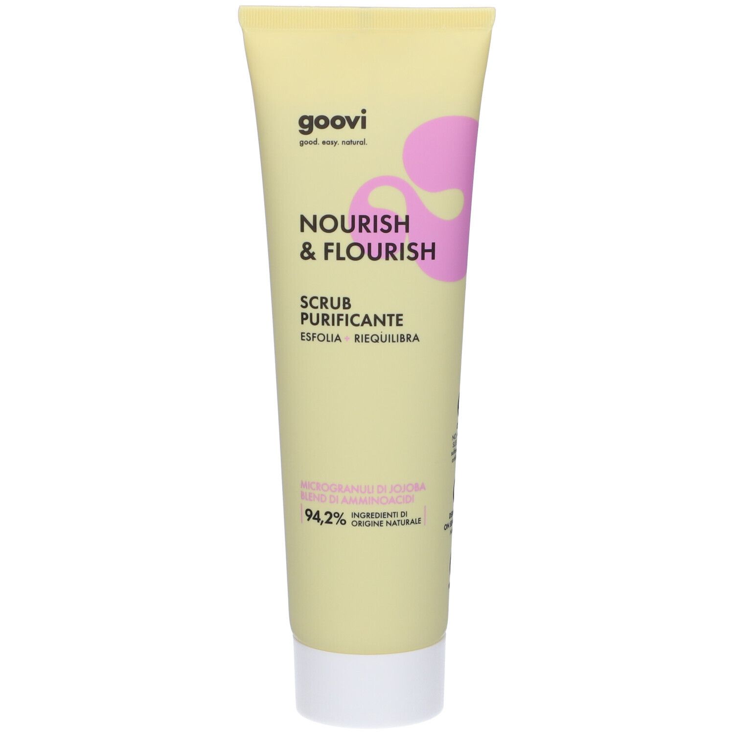 Tubo di crema con nome e logo del prodotto. Design giallo e bianco con accenti rosa. Contiene testo in italiano.