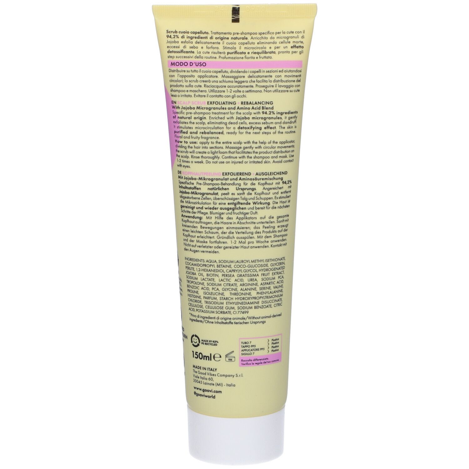 Retro del tubo di crema con testo multilingue. Contiene ingredienti e istruzioni. Design giallo e bianco.