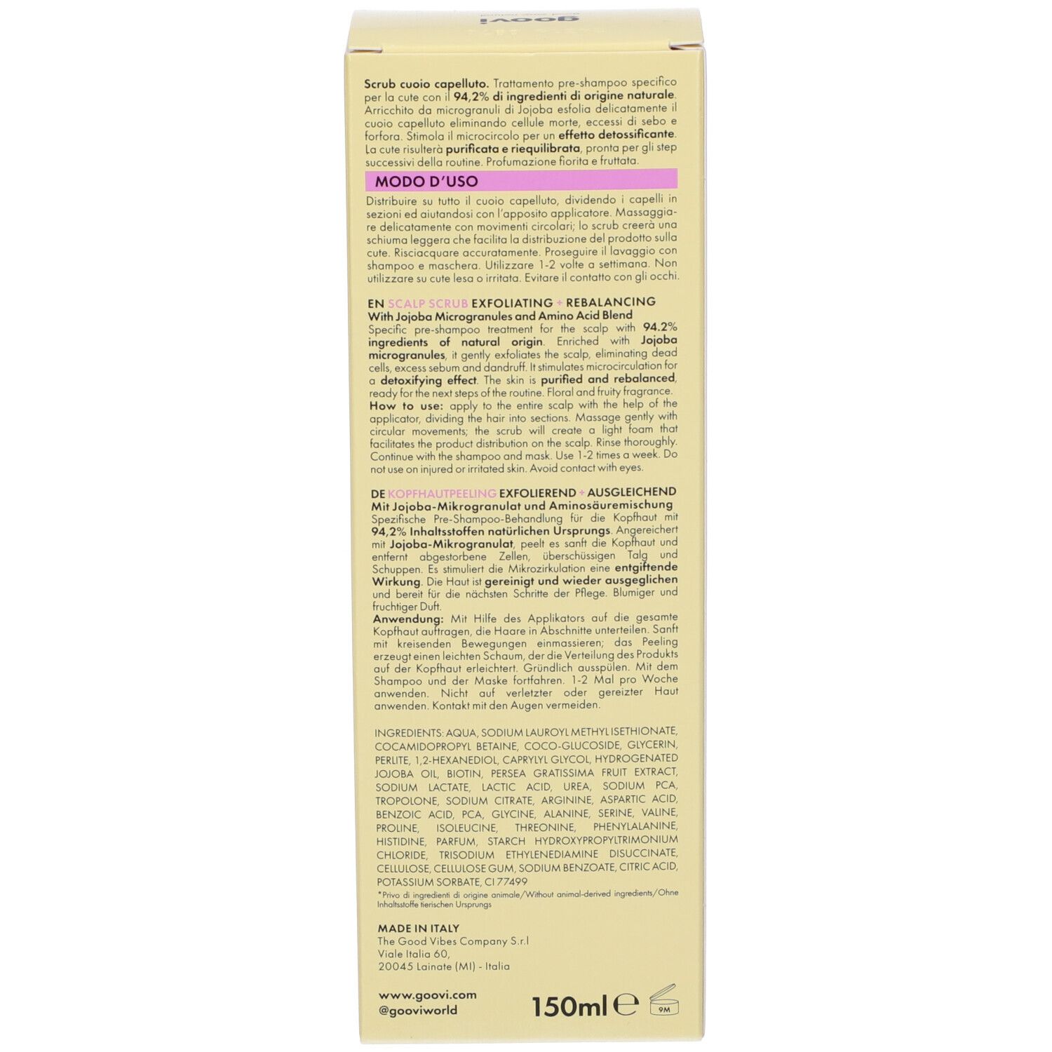 Retro della confezione del prodotto con testo multilingue. Contiene ingredienti e istruzioni.