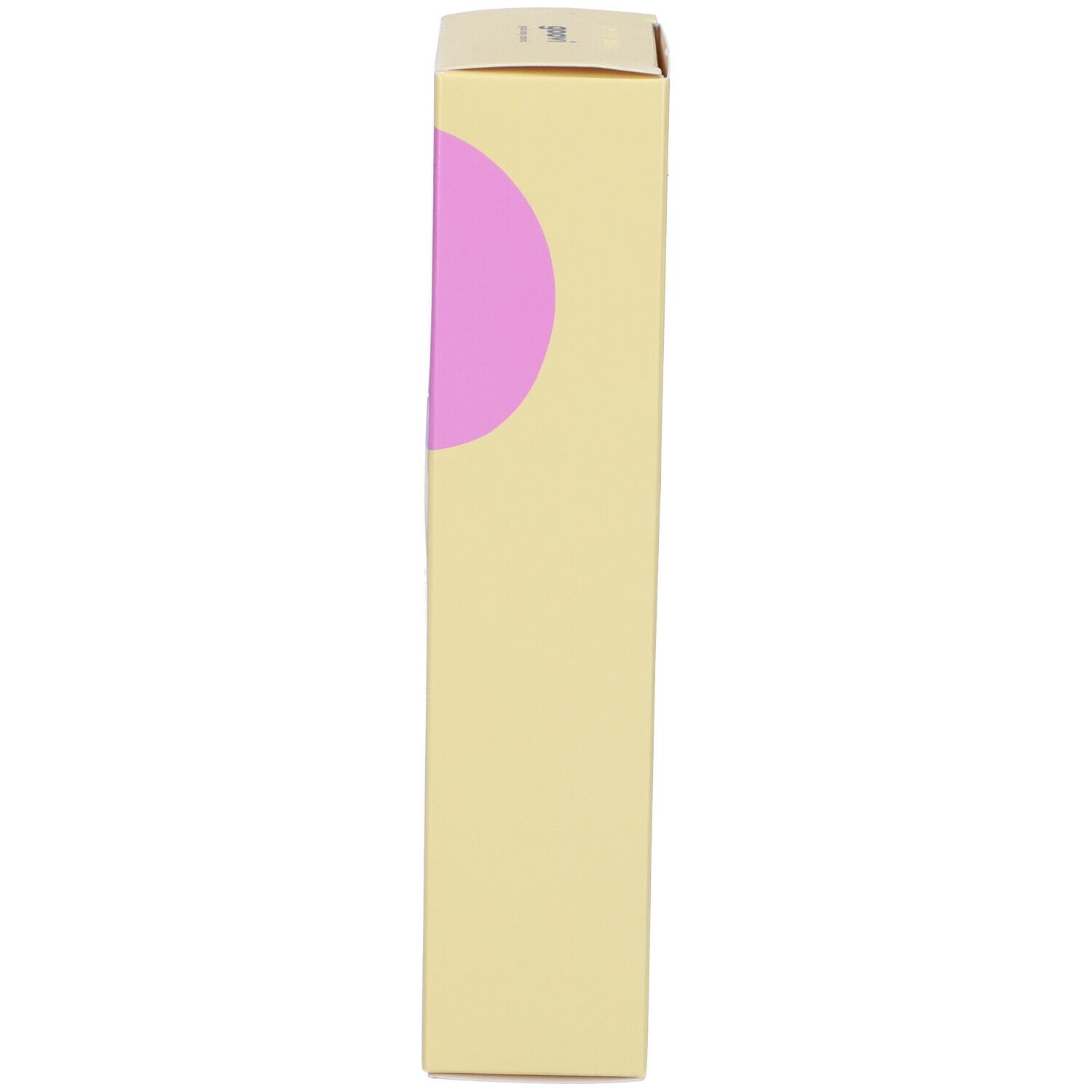 Lato della confezione del prodotto con cerchio rosa. Design giallo e bianco. Non contiene altri dettagli.