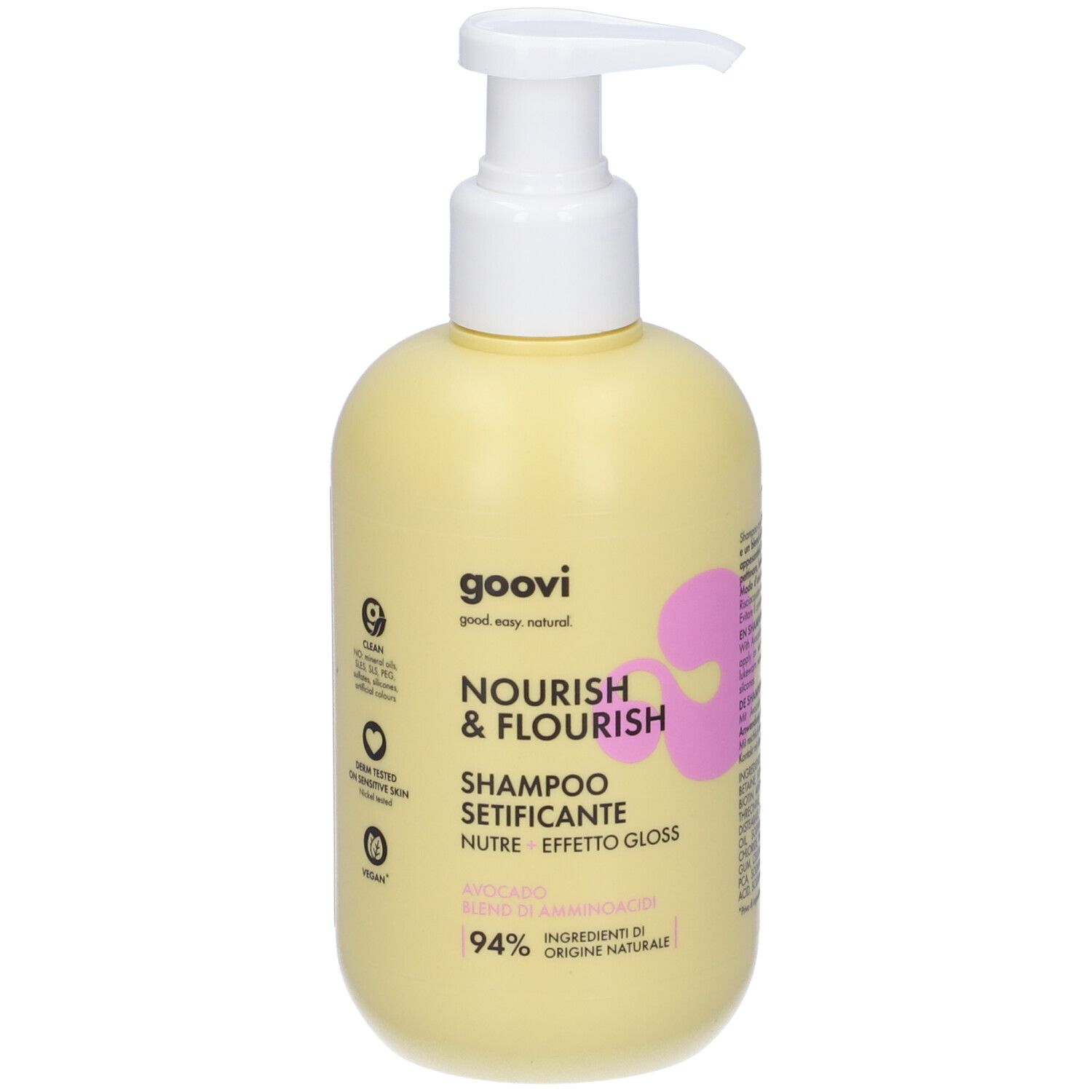 Goovi Nourish & Flourish Shampoo mit Pumpspender, gelbe Flasche.
