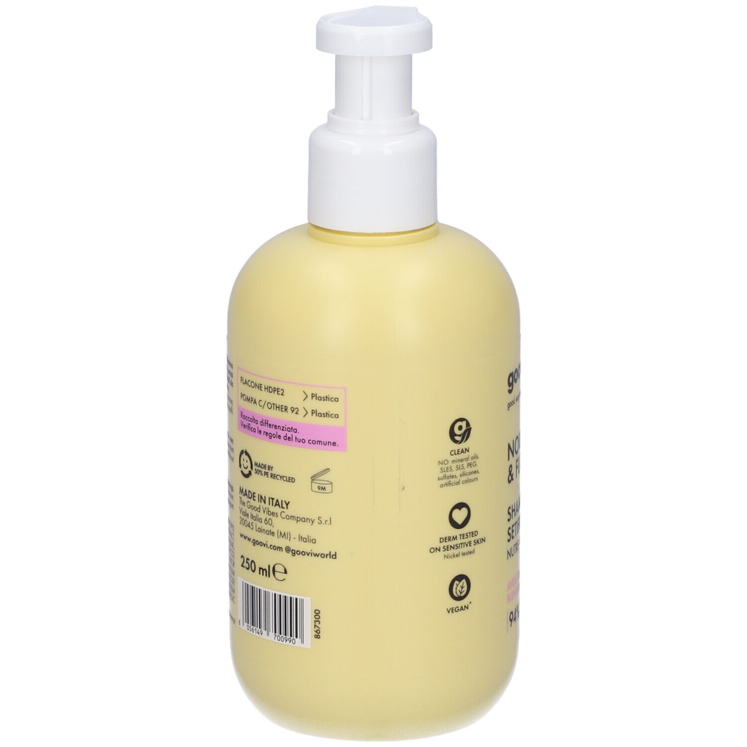 Helles gelbes Pumpflaschen-Shampoo, 250 ml. "good nature" Logo und "NOURISH & SHINE" Text sichtbar.